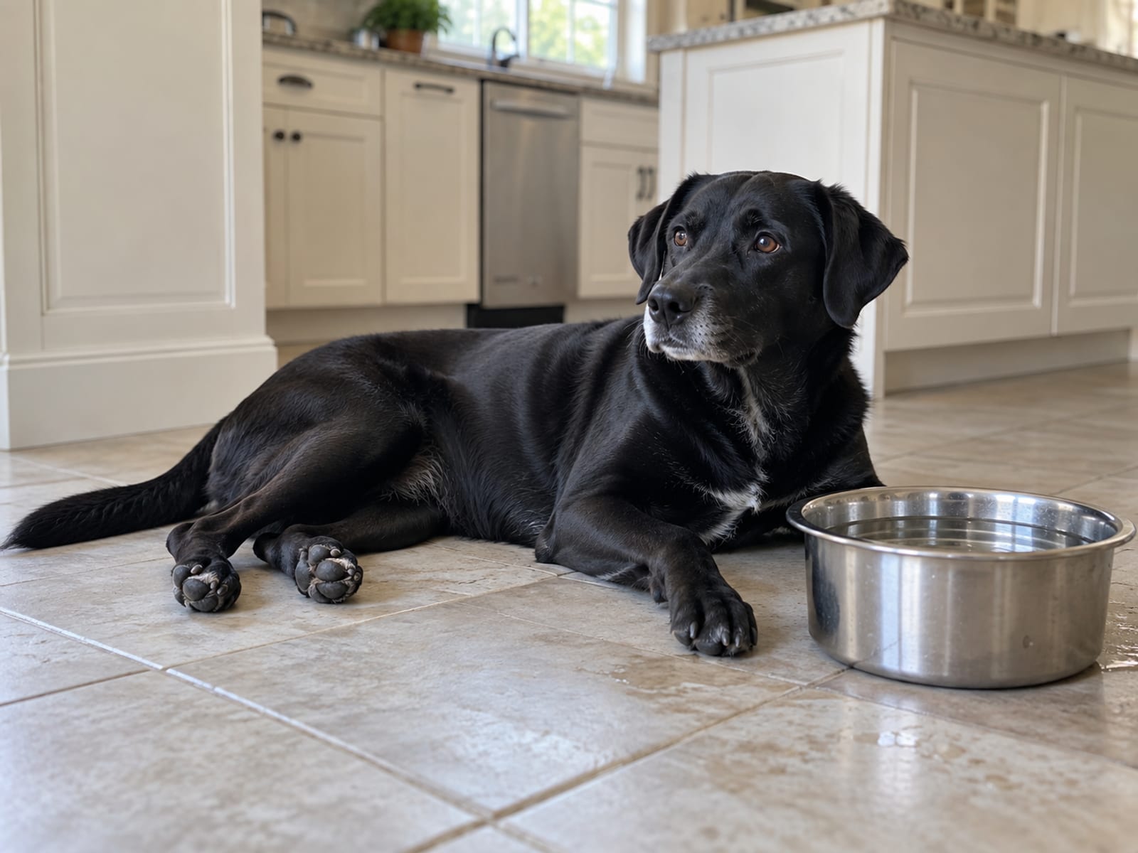 Dog lying calmly on a cool tile kitchen floor beside a large refilled water bowl in afternoon light