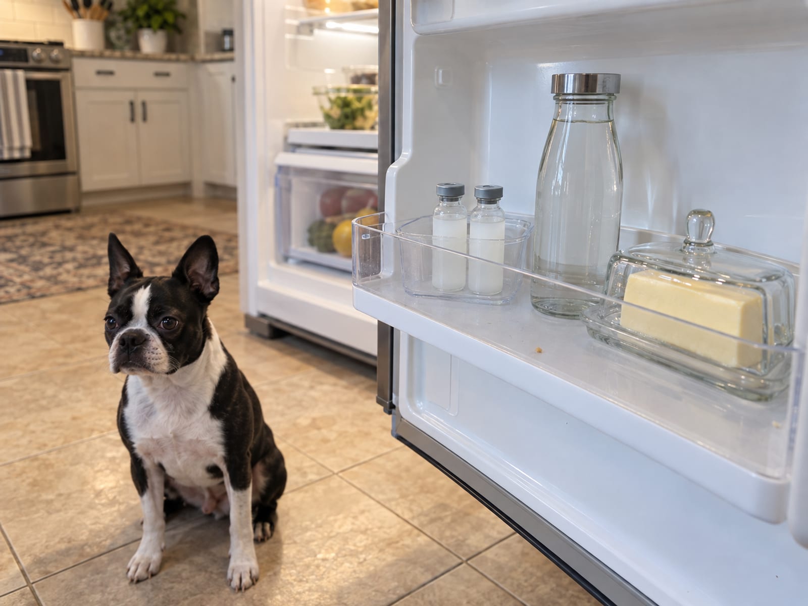 Plain unlabeled insulin vials on the door shelf of an open refrigerator, a dog sitting on the kitchen floor below