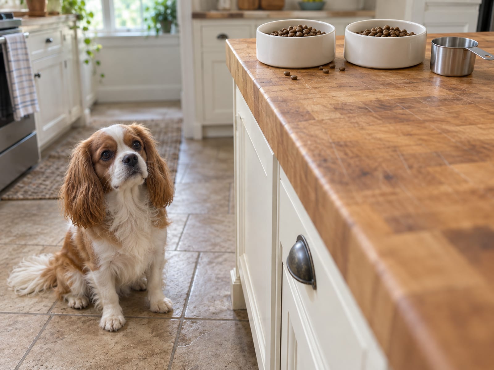 Two measured meals in matching bowls on a kitchen counter, a small dog waiting on the floor below