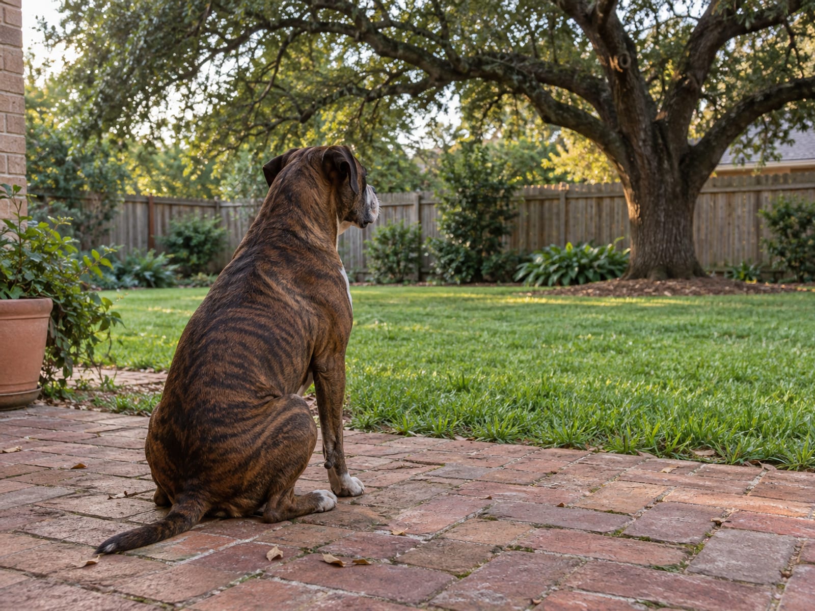 Brindle boxer mix sitting on a brick patio looking at a fenced backyard with a live oak