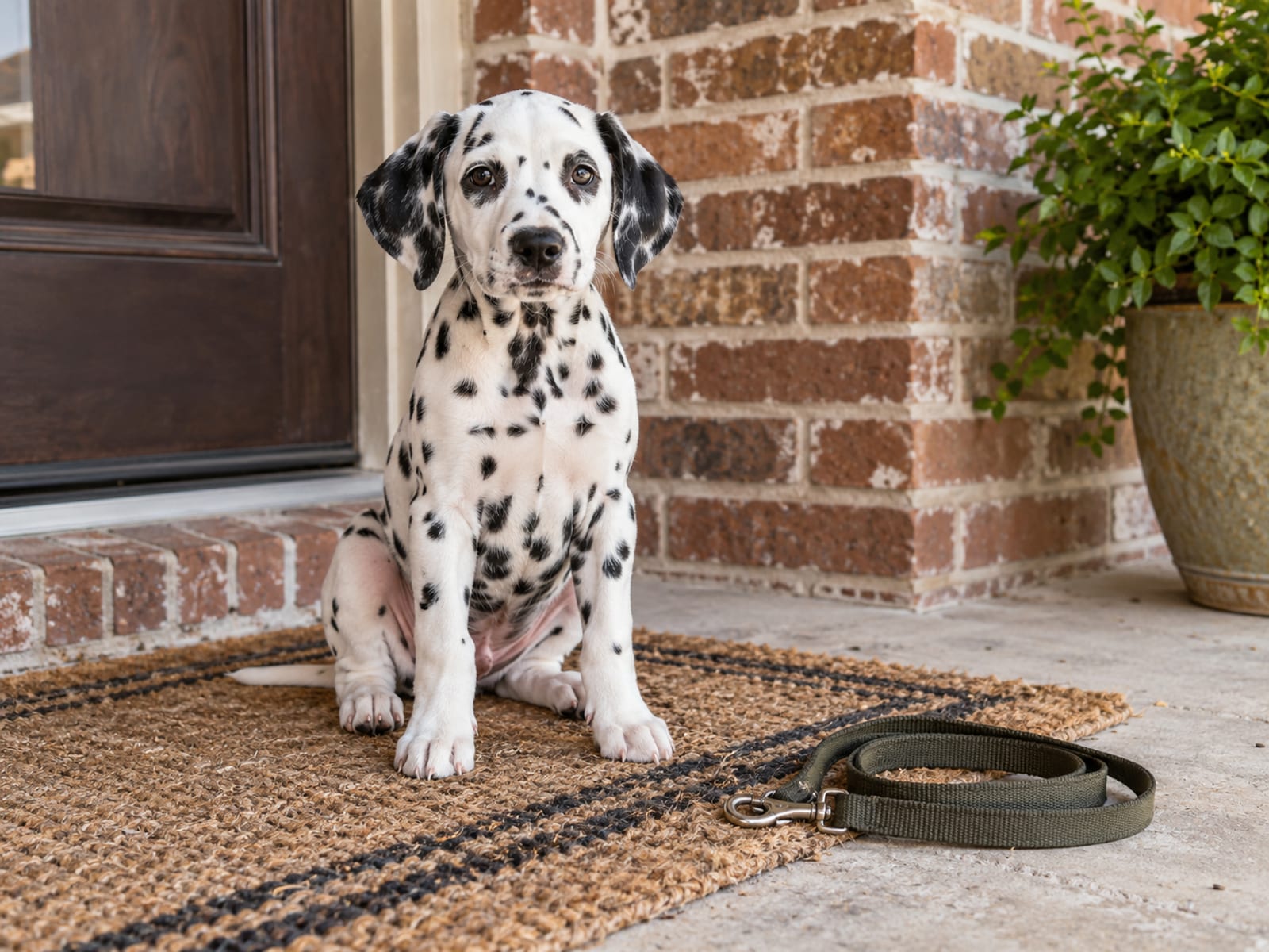 Spotted Dalmatian puppy sitting on a front porch mat beside a coiled leash on the floor with a brick wall behind