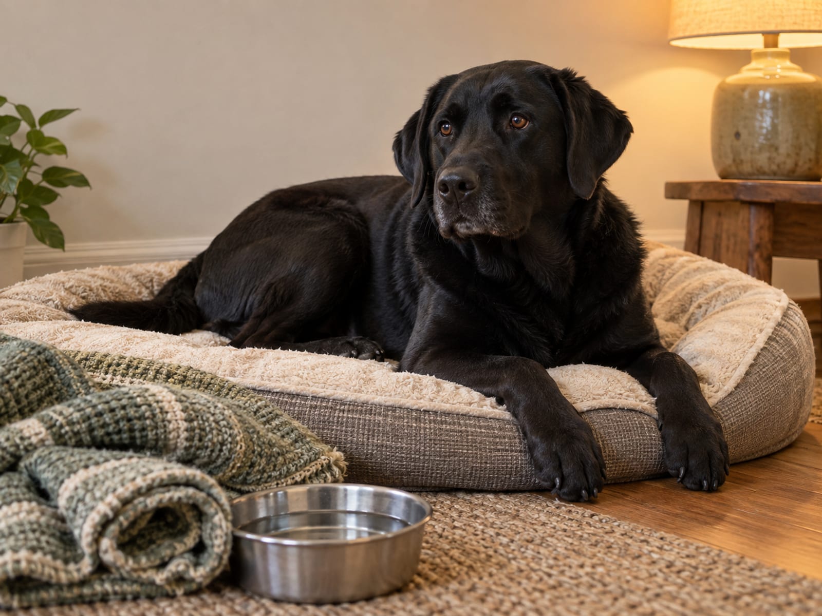 Black Labrador retriever resting on a clean padded dog bed in a quiet spare room with a folded blanket and steel water bowl