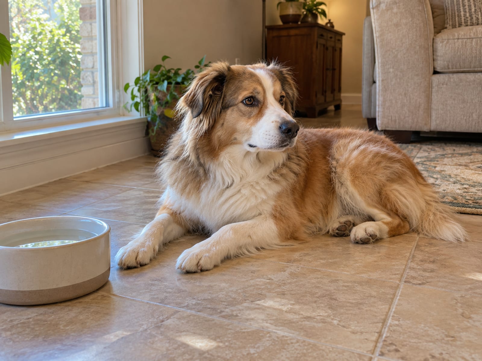 Tan-and-white Australian shepherd mix lying quietly on cool living room tile beside a full water bowl