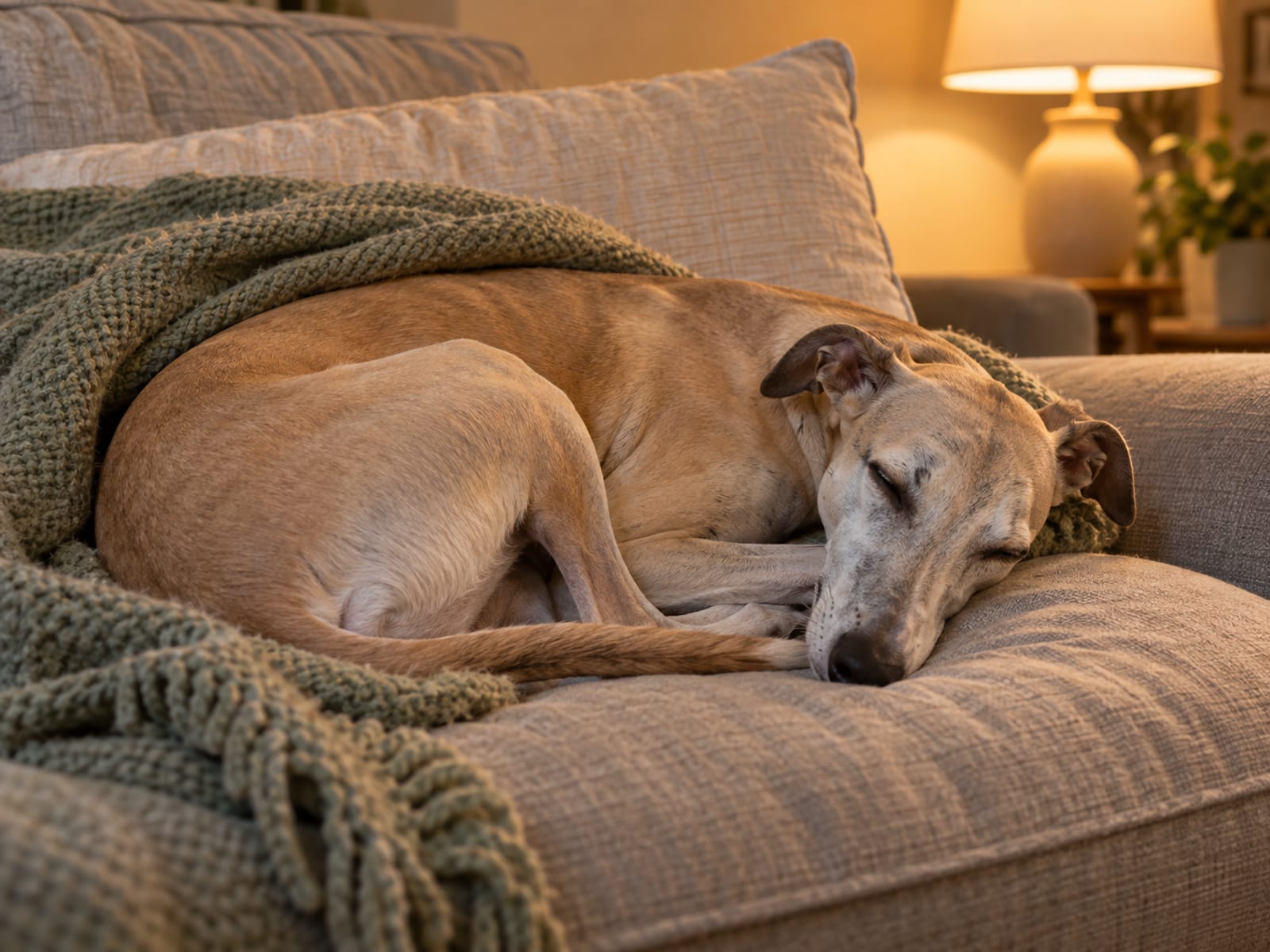 Whippet curled asleep on a sofa cushion under a soft blanket in warm evening light
