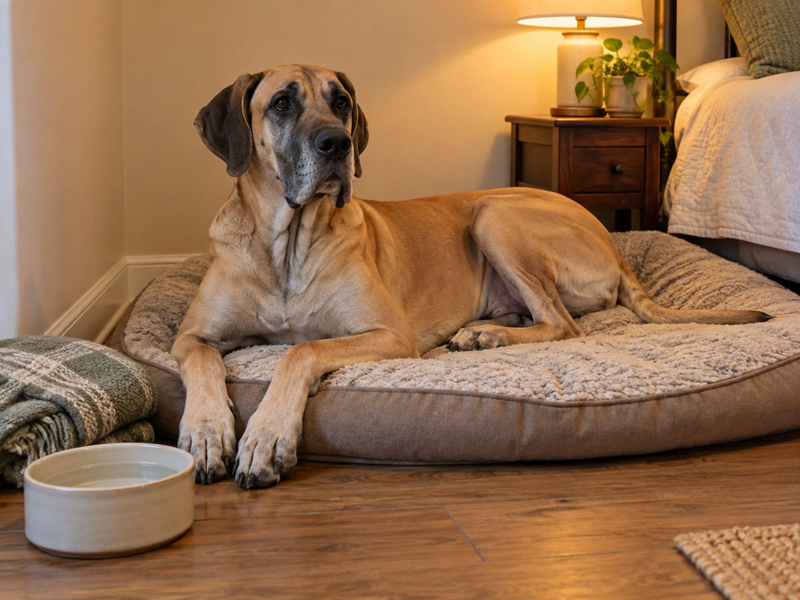 Great Dane resting on a large dog bed in a bedroom corner with a water bowl and a folded blanket beside it