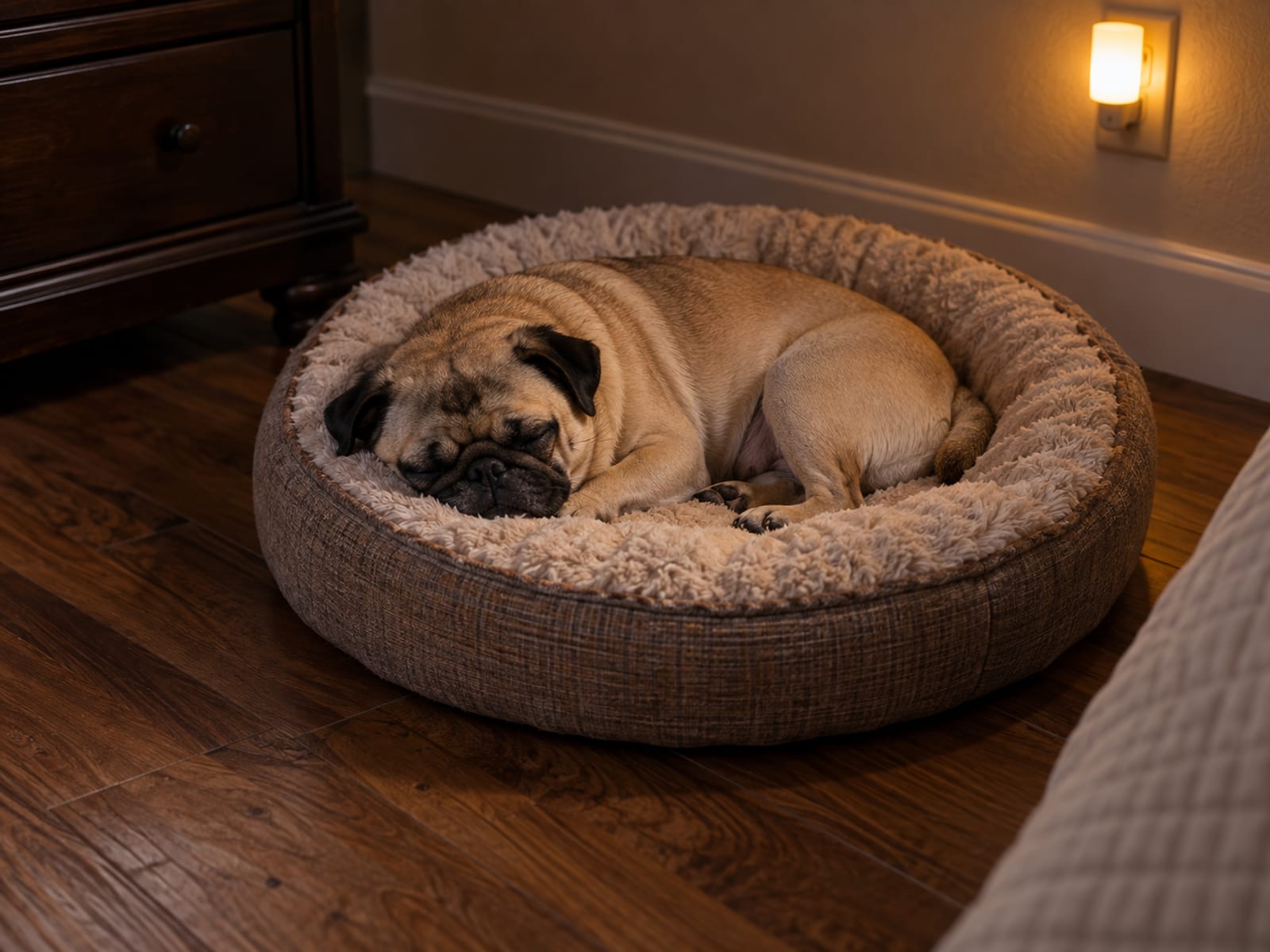 Pug asleep in a round dog bed in a dim bedroom with a small nightlight glowing nearby