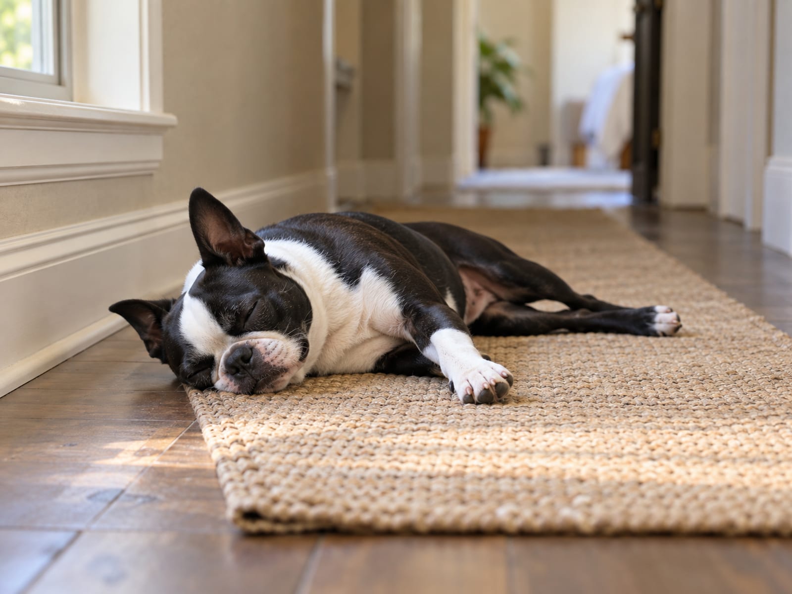 Boston terrier asleep on its side on a hallway runner with one front paw slightly extended