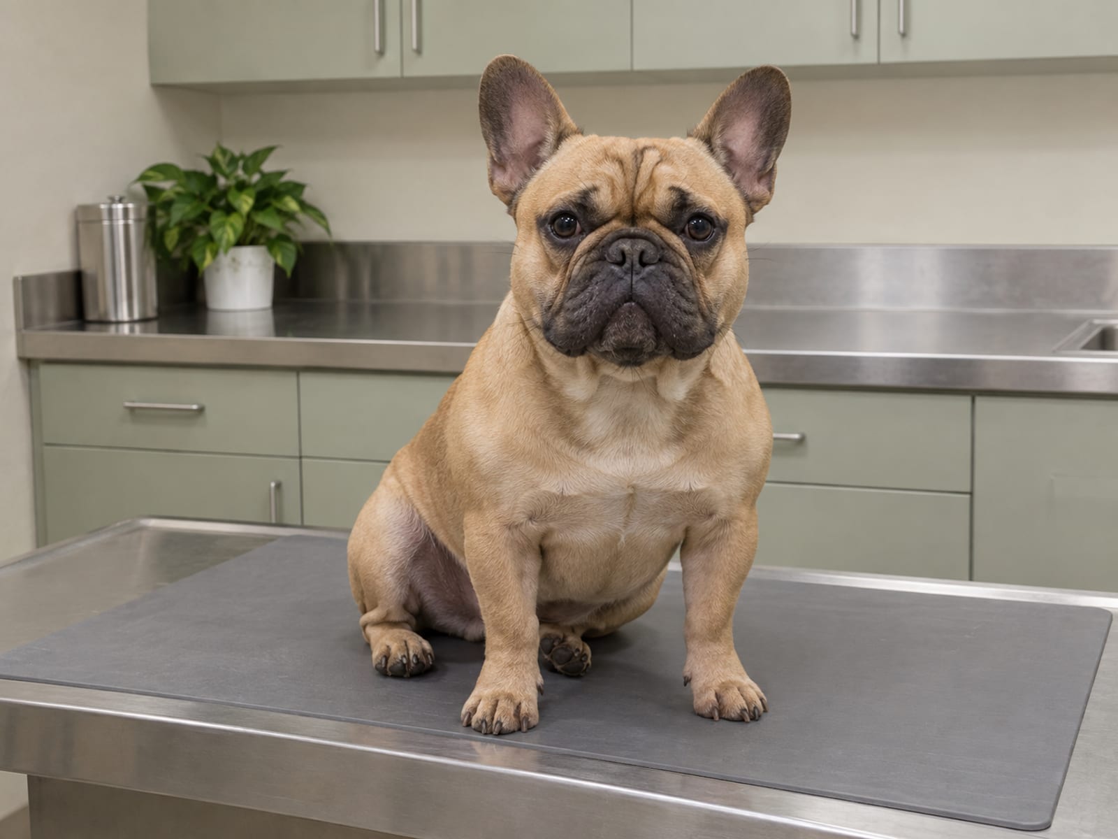 Fawn French bulldog sitting calmly on a clean exam table in a veterinary exam room with steel counter and cabinets behind