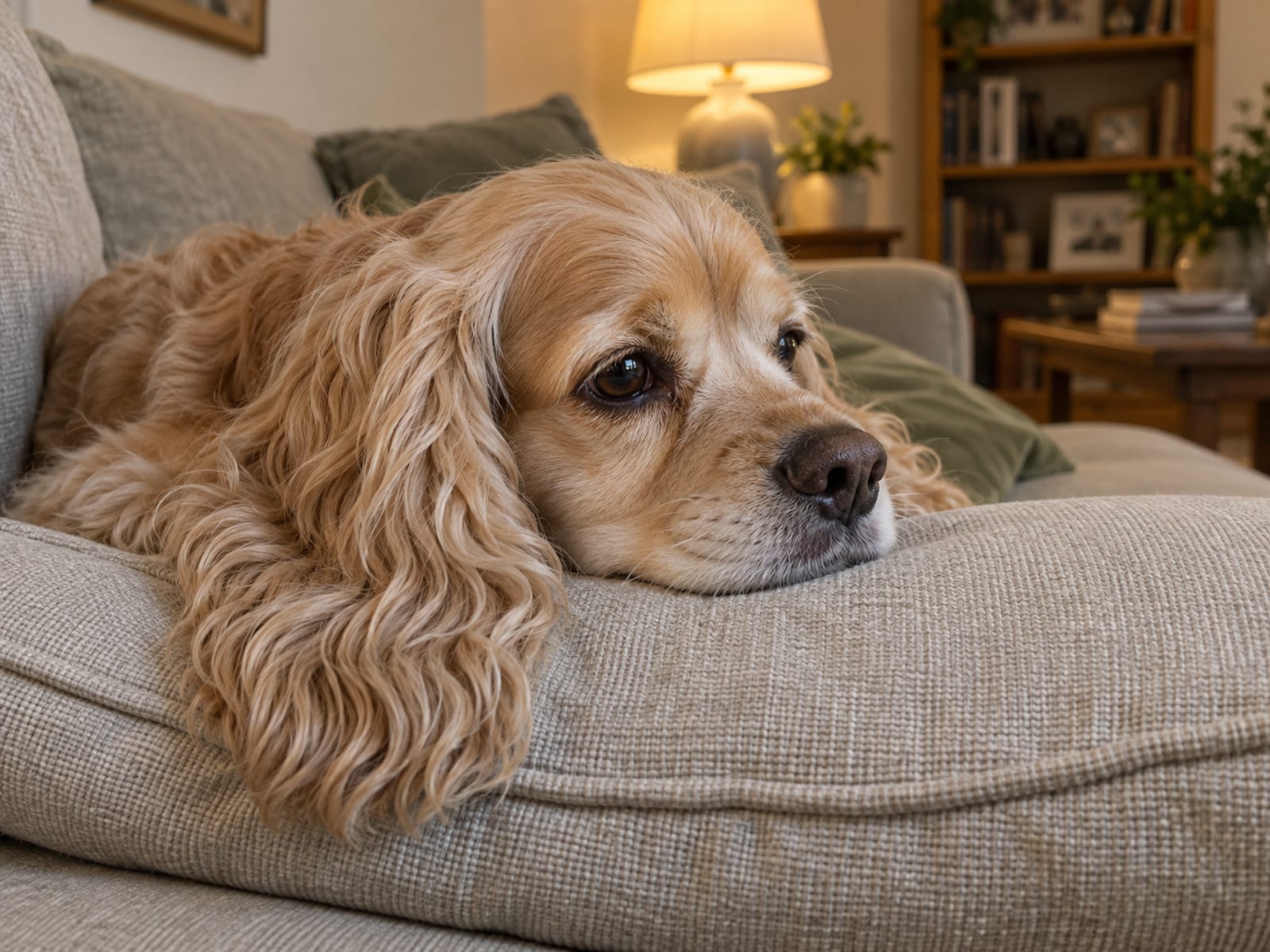 Close view of a cocker spaniel resting its head on a sofa cushion with its long feathered ear hanging over the edge