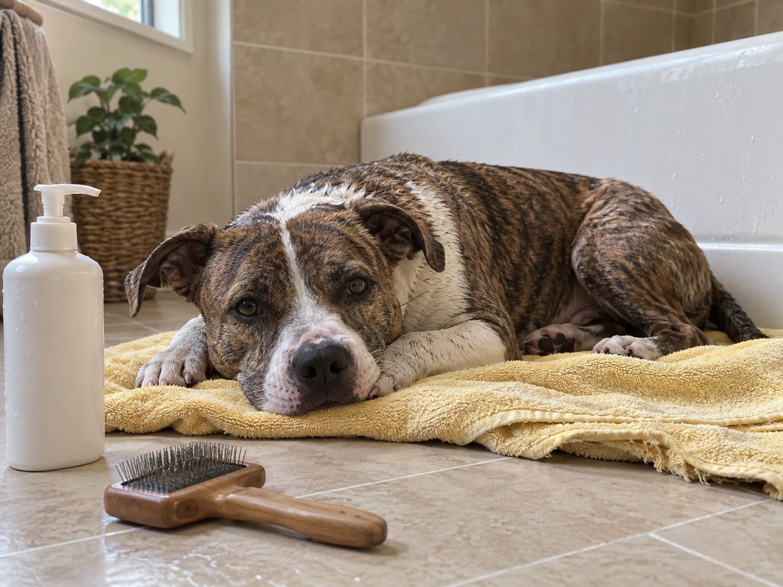 Freshly washed pit bull mix lying on a folded towel on a bathroom tile floor beside a plain pump bottle and a slicker brush