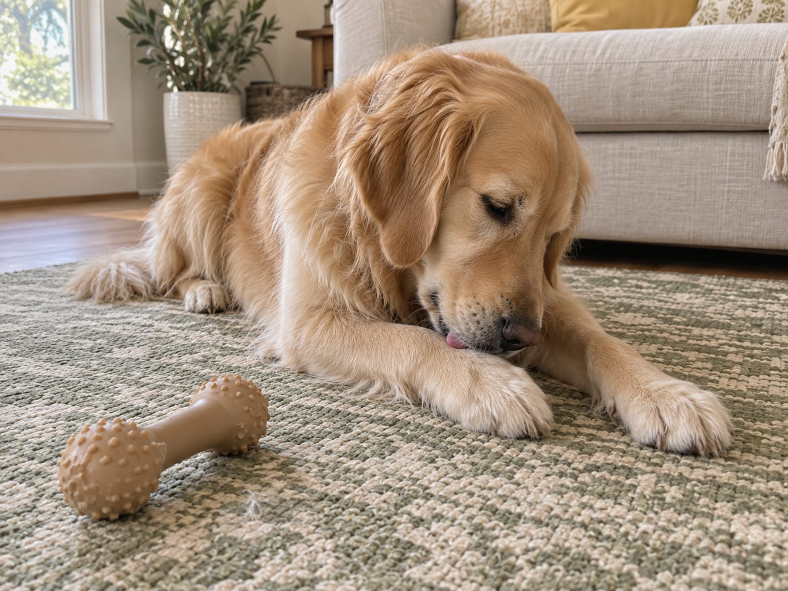 Golden retriever lying on a living room rug licking one front paw with a rubber chew toy beside it