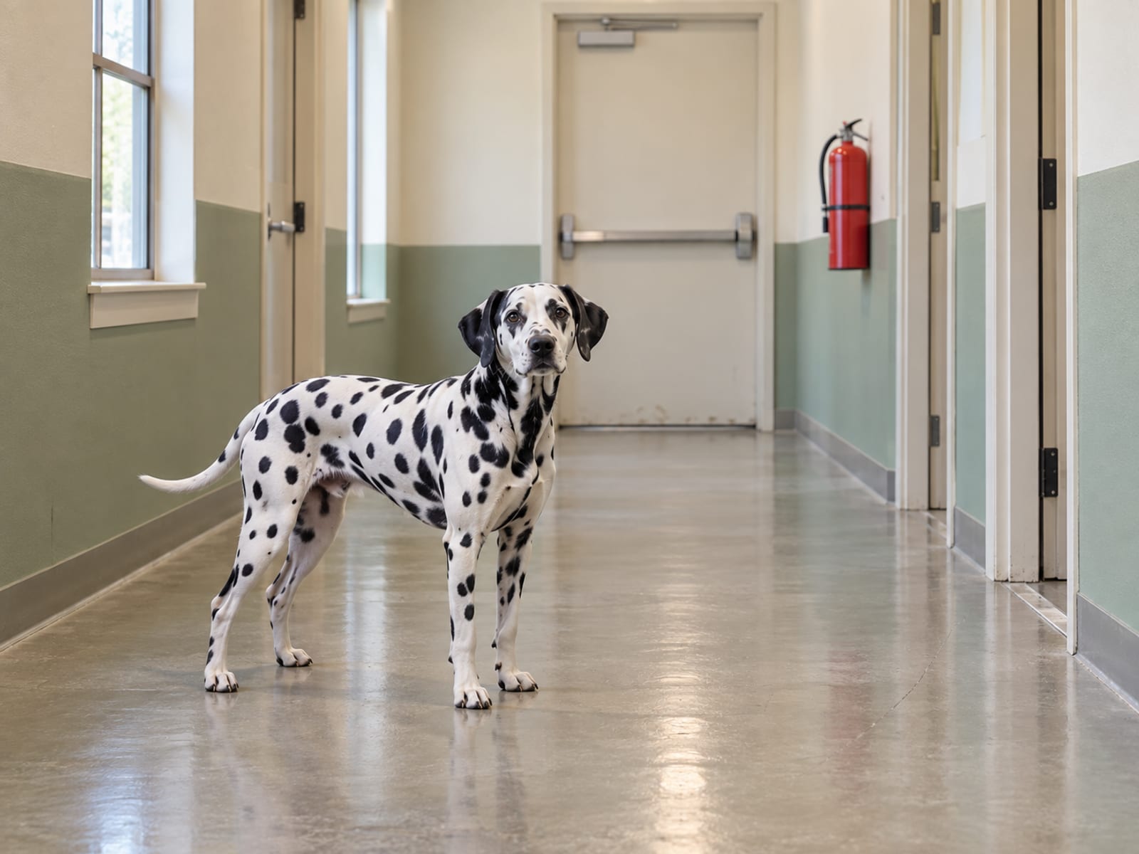 Dalmatian standing in a bright clean hallway of a small boarding building beside a closed fire door and a plain wall-mounted extinguisher