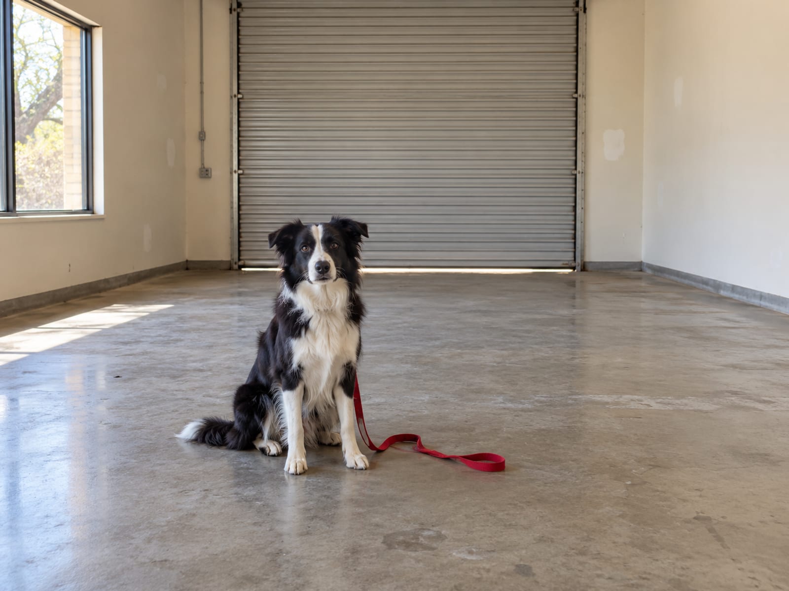Border collie sitting on the concrete floor of an empty freshly swept commercial unit with a roll-up door and a leash beside it