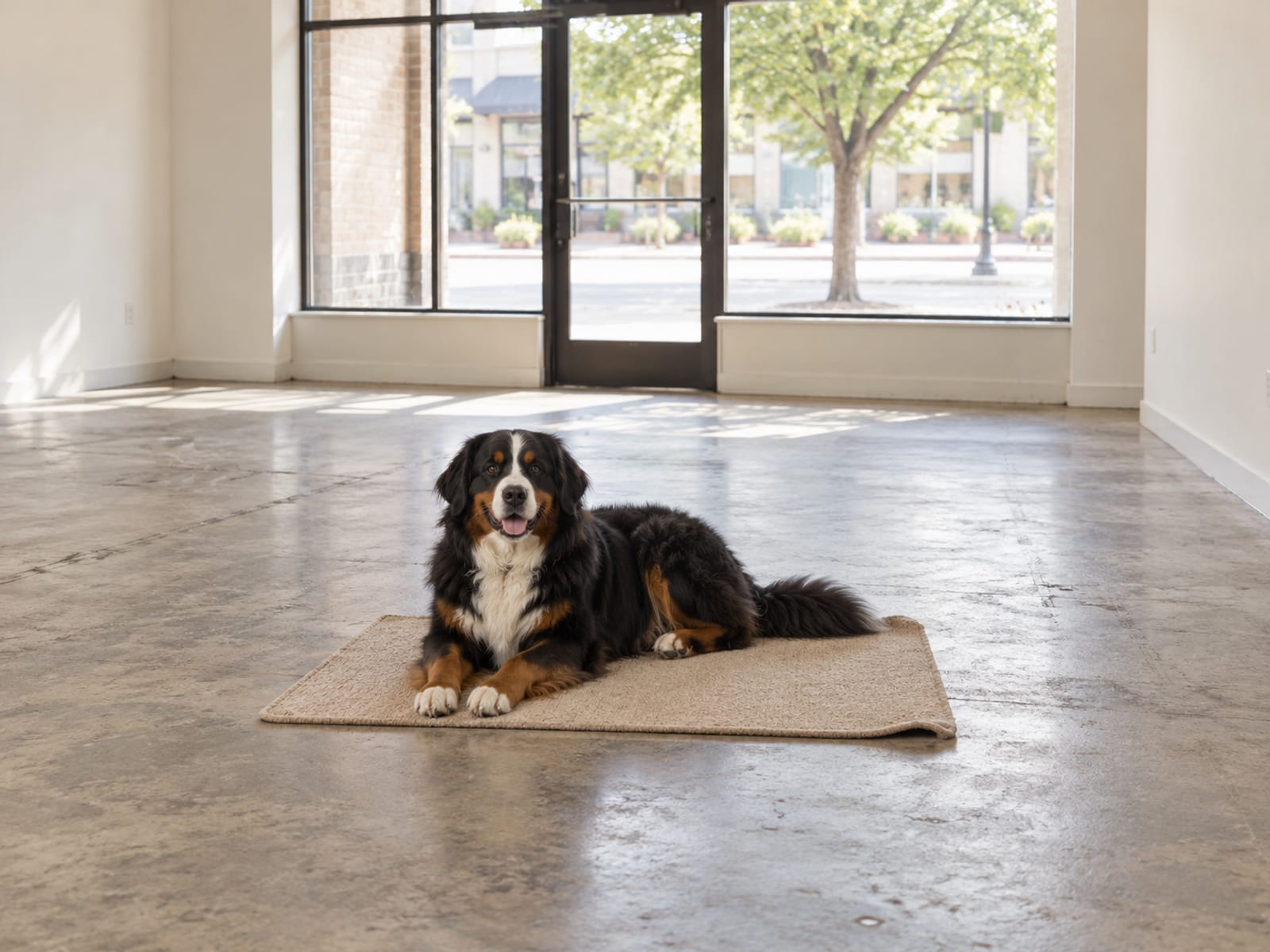 Bernese mountain dog resting on a mat inside a bare bright storefront space with large front windows and a concrete floor