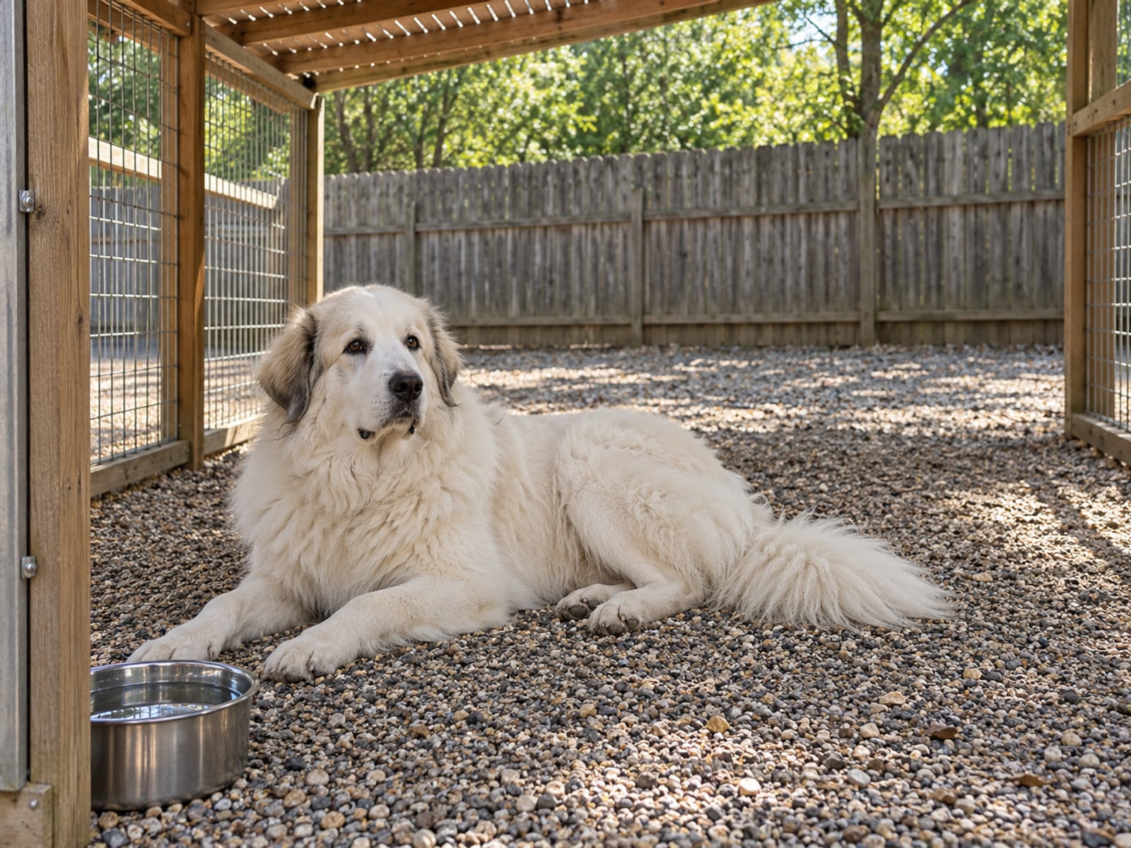 Great Pyrenees lying calmly in a clean fenced outdoor run with a shade roof, pea gravel and a full water bowl