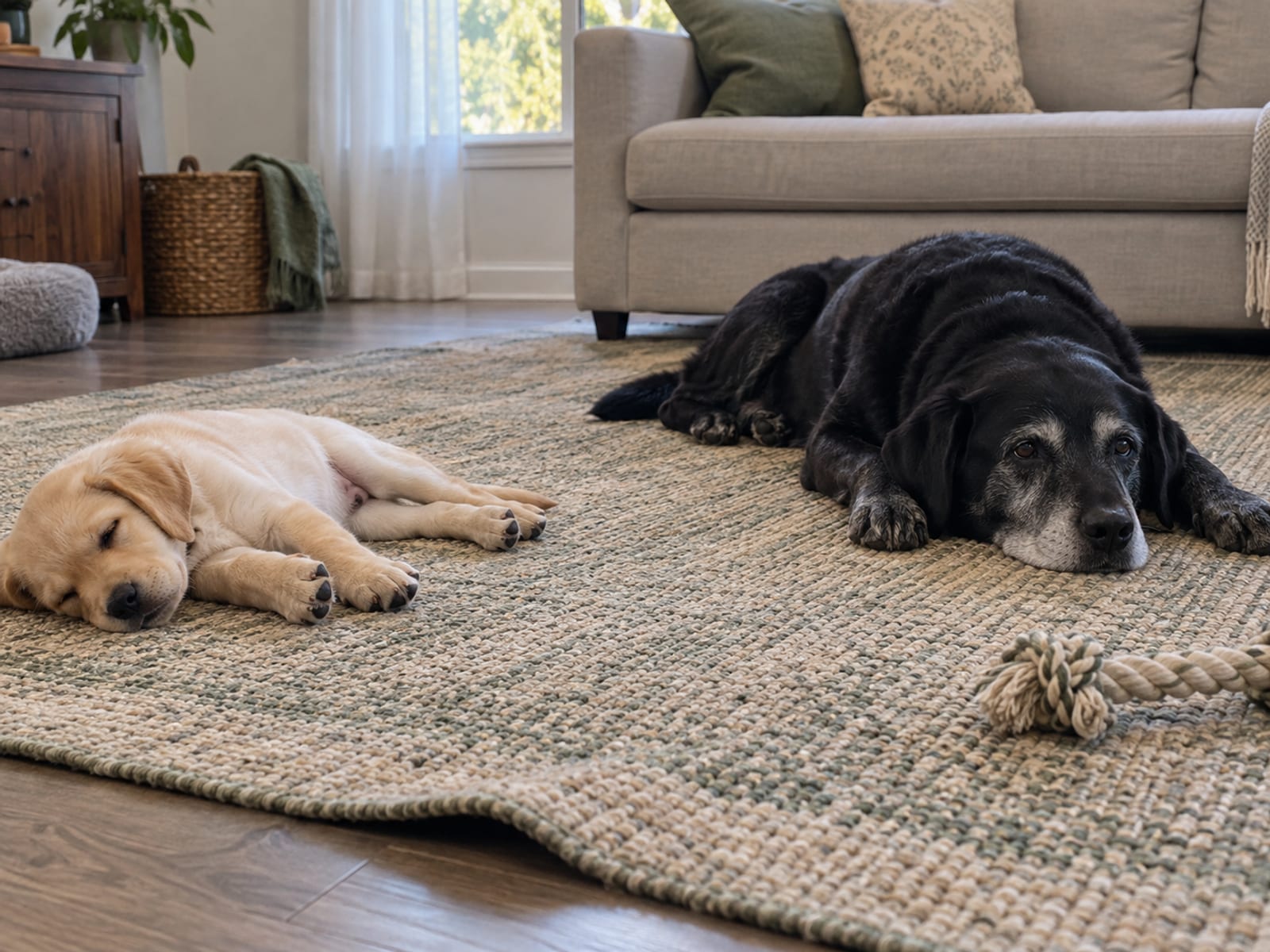 Young puppy and an older grey-muzzled dog lying apart on the same living room rug, both relaxed
