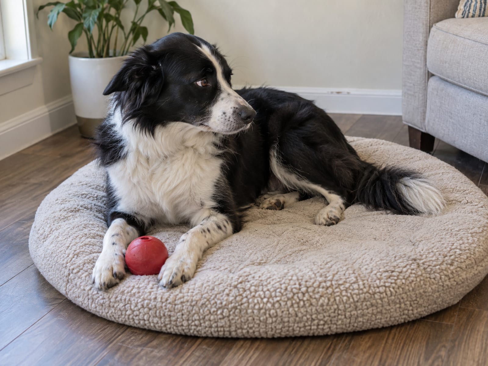 Dog lying on its bed in a living room corner with its head turned away, ears pulled back and a rubber toy between its front paws