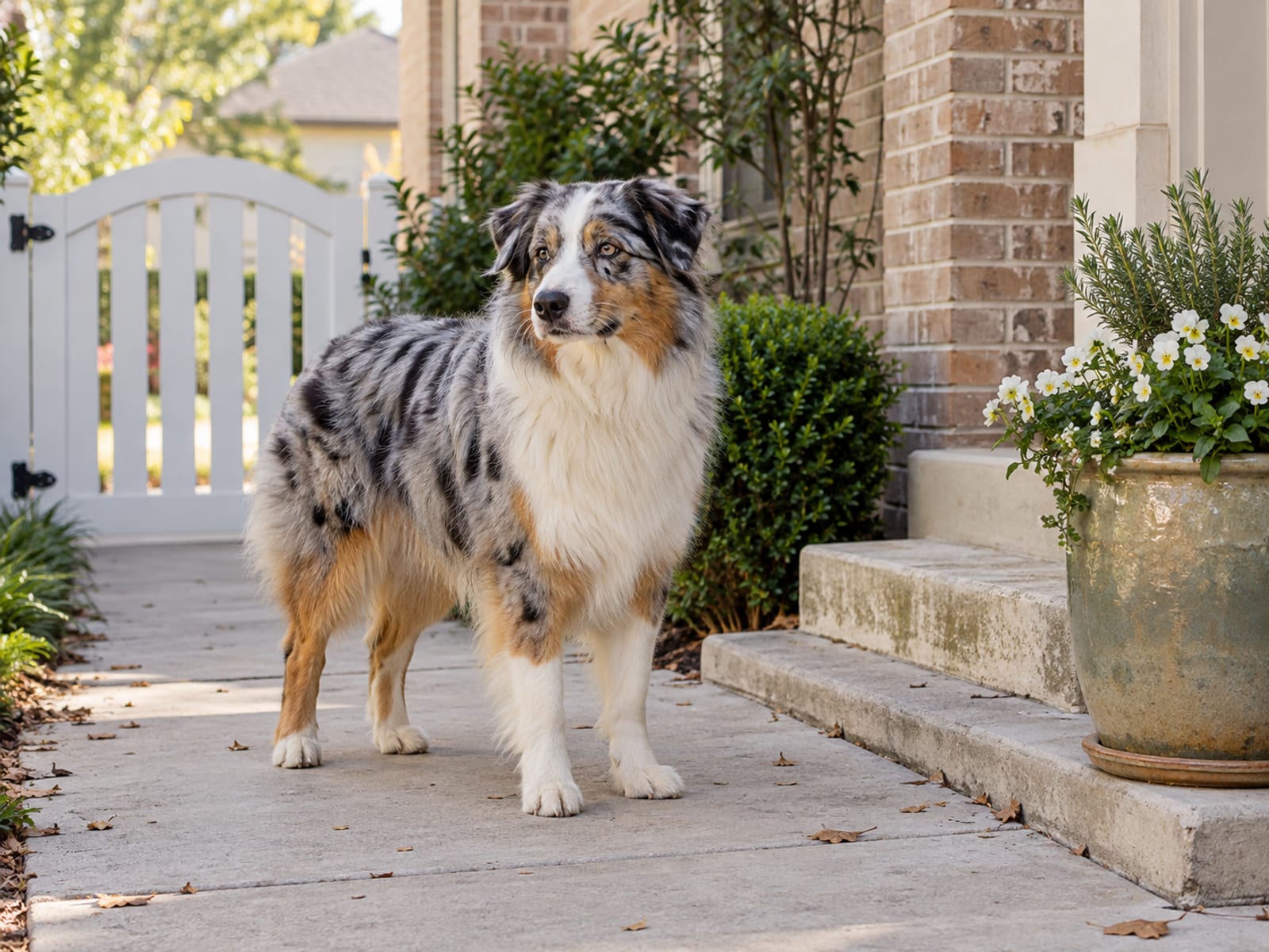 Australian shepherd standing on the swept front walk of a tidy suburban home with a plain white gate and a flowerpot beside the steps