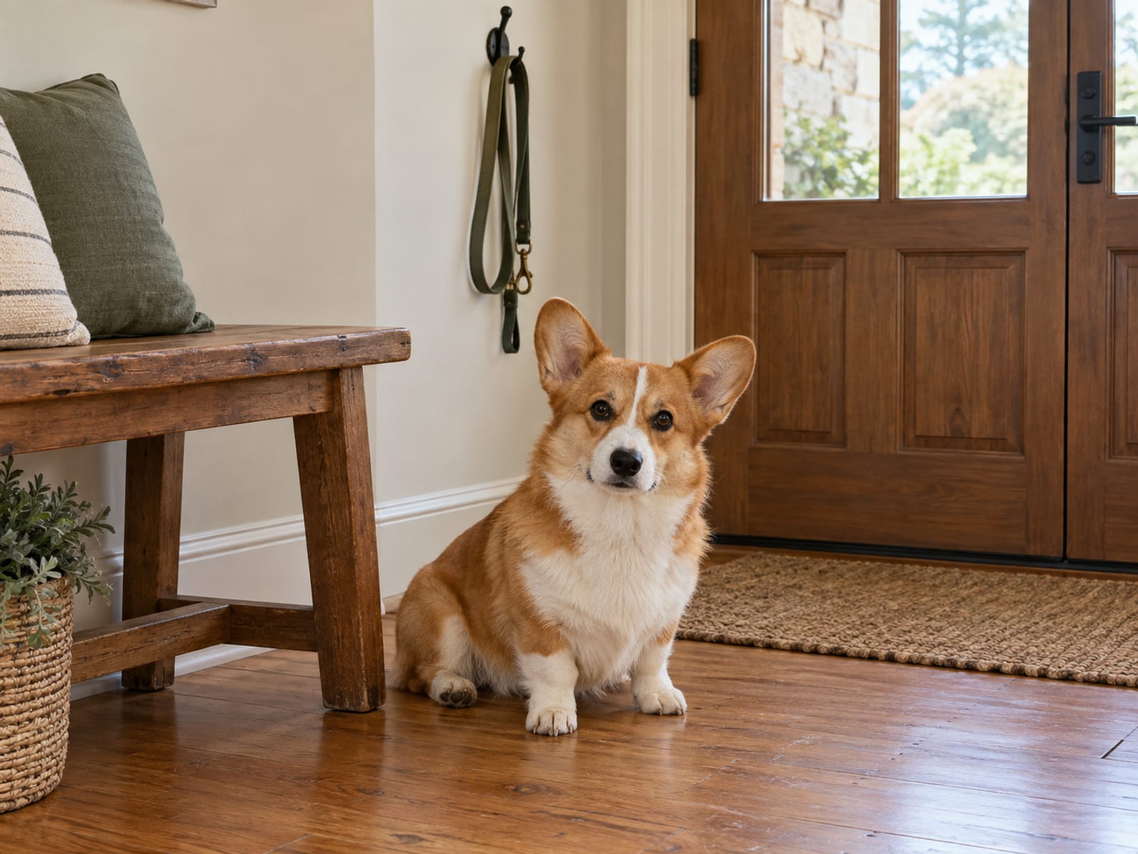 Pembroke Welsh corgi sitting on a clean wood floor in a bright entryway beside a plain wooden bench with a leash hanging from a hook
