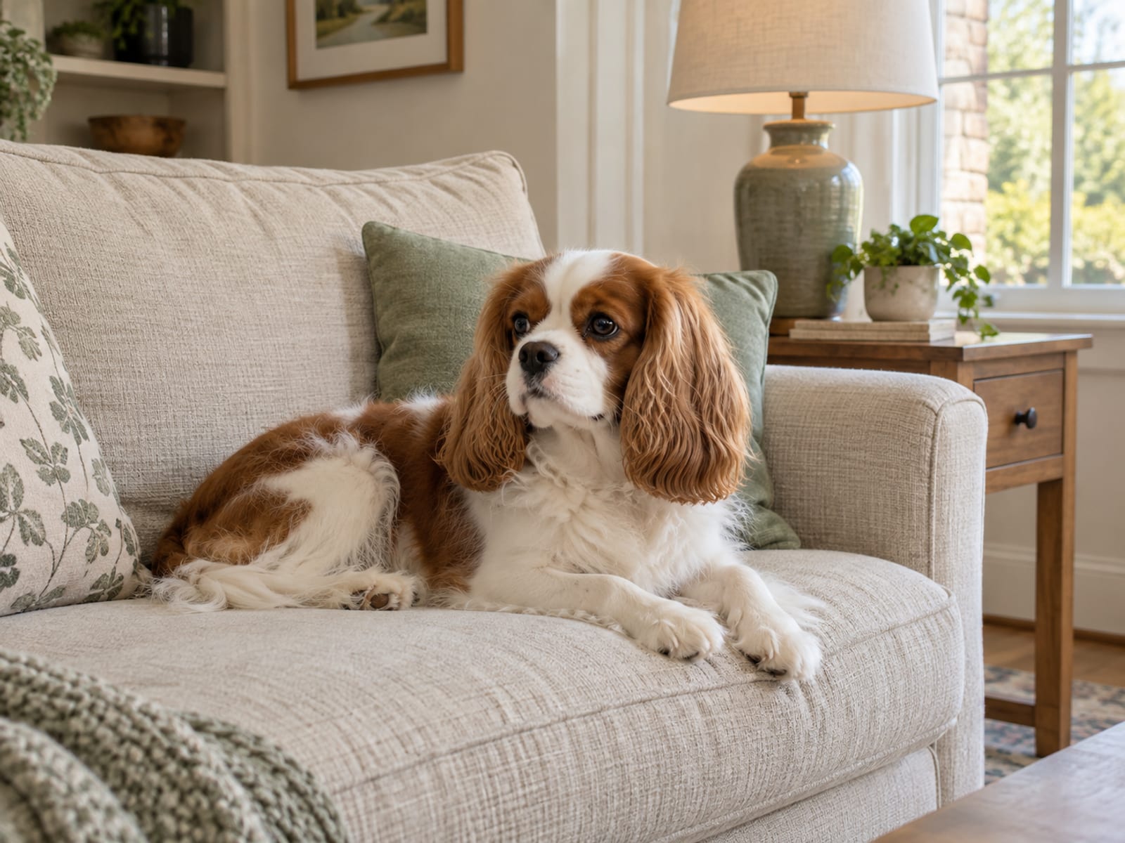 Cavalier King Charles spaniel resting on a sofa in a bright tidy living room beside a wooden side table with a plain lamp