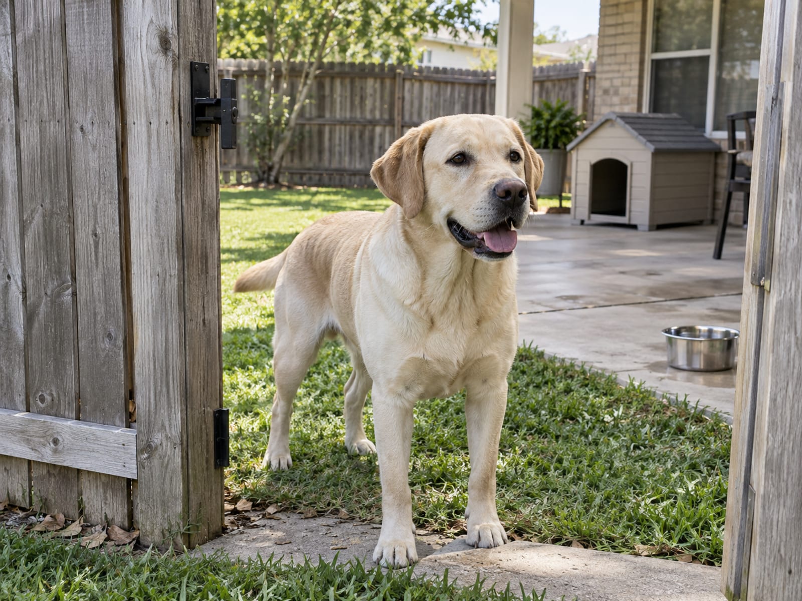 Labrador retriever standing at the open gate of a tidy fenced suburban backyard with a swept patio, a covered dog house and a water bowl