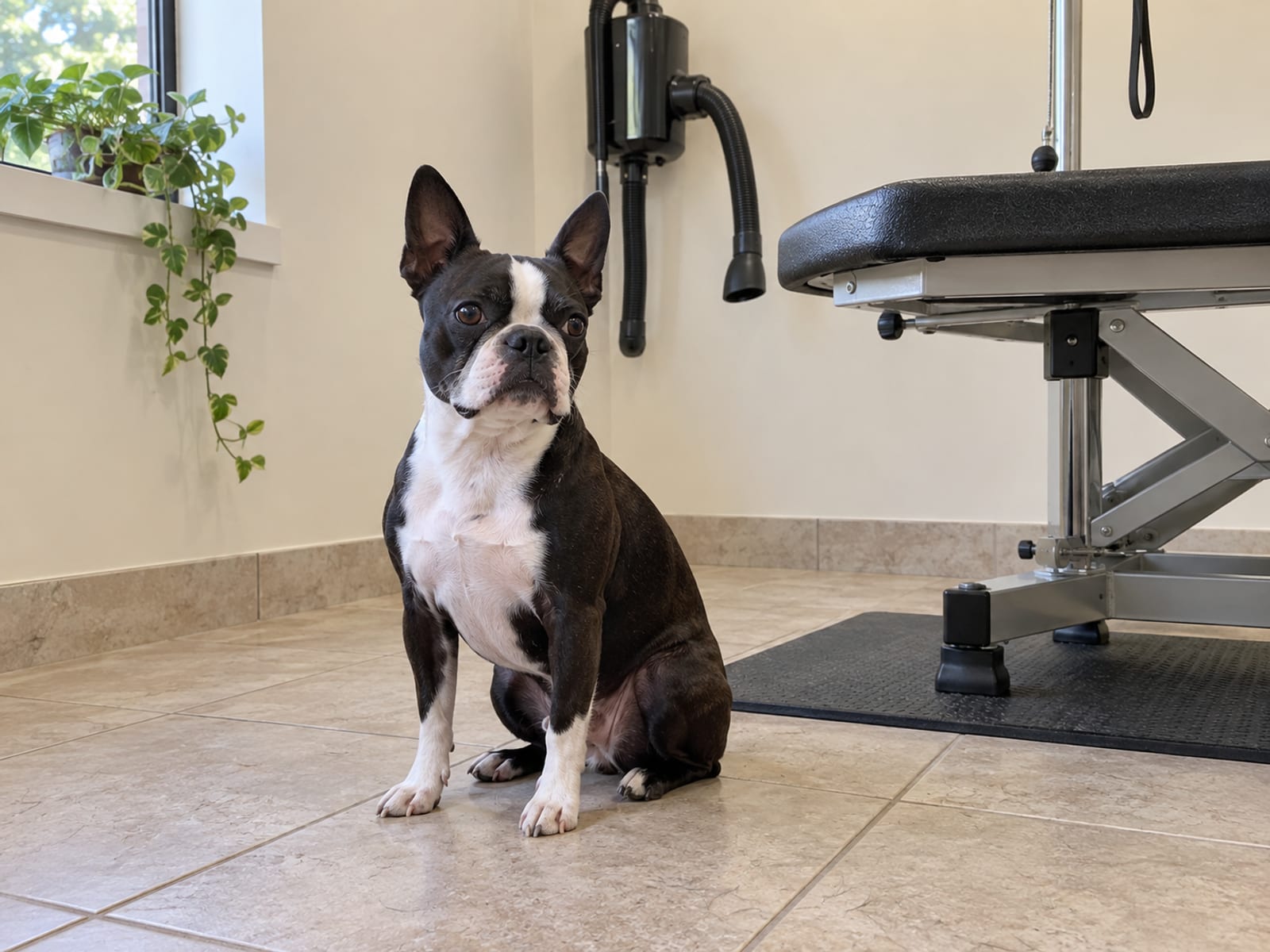 Boston terrier sitting on tile floor beside a padded grooming table and a wall mounted dryer in a small clean salon