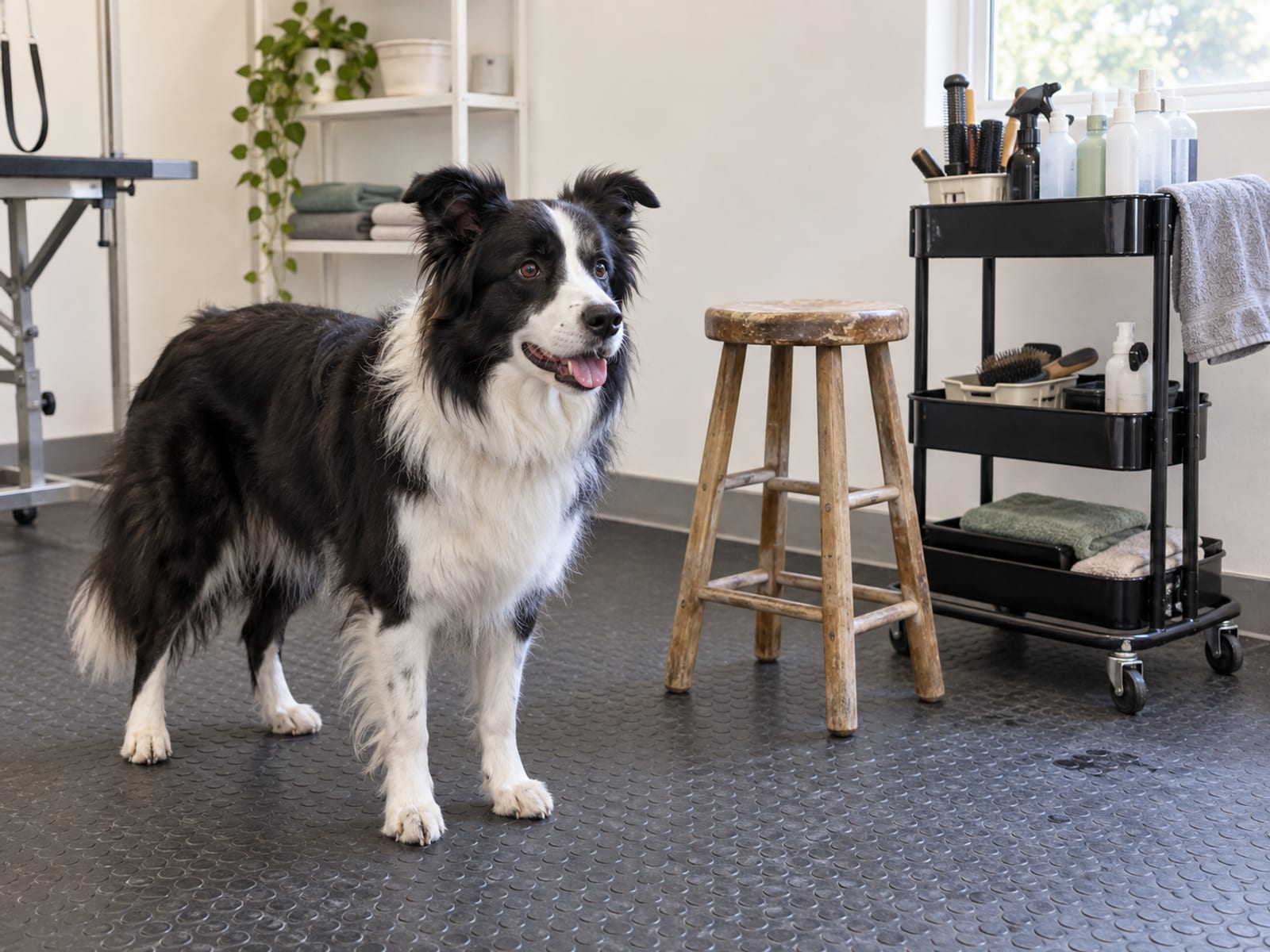Border collie waiting on a rubber floor beside an empty wooden stool and a rolling tool cart with plain unlabeled bottles