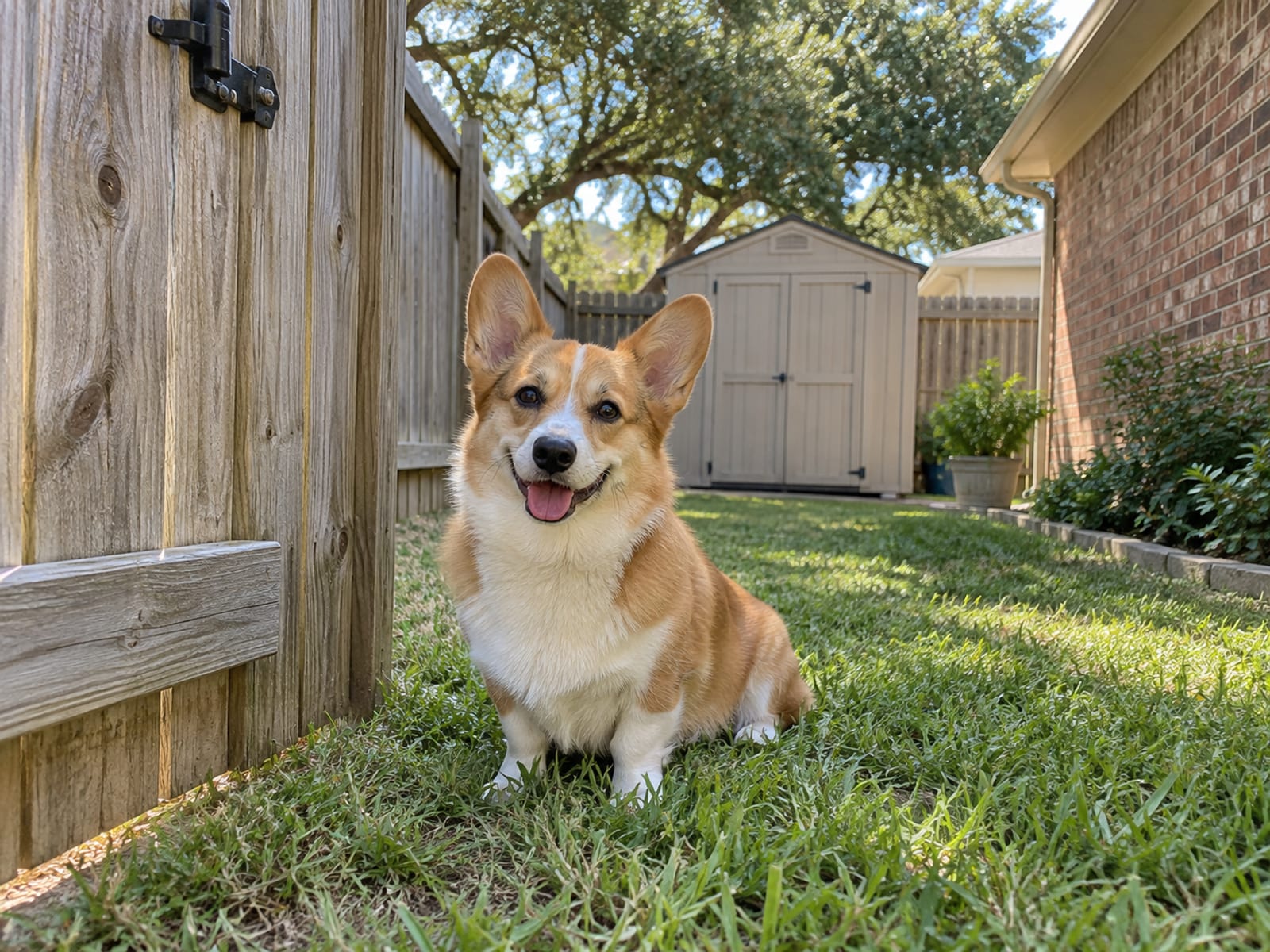 Pembroke Welsh corgi sitting inside the gate of a wooden backyard fence with a small shed behind it at a brick home