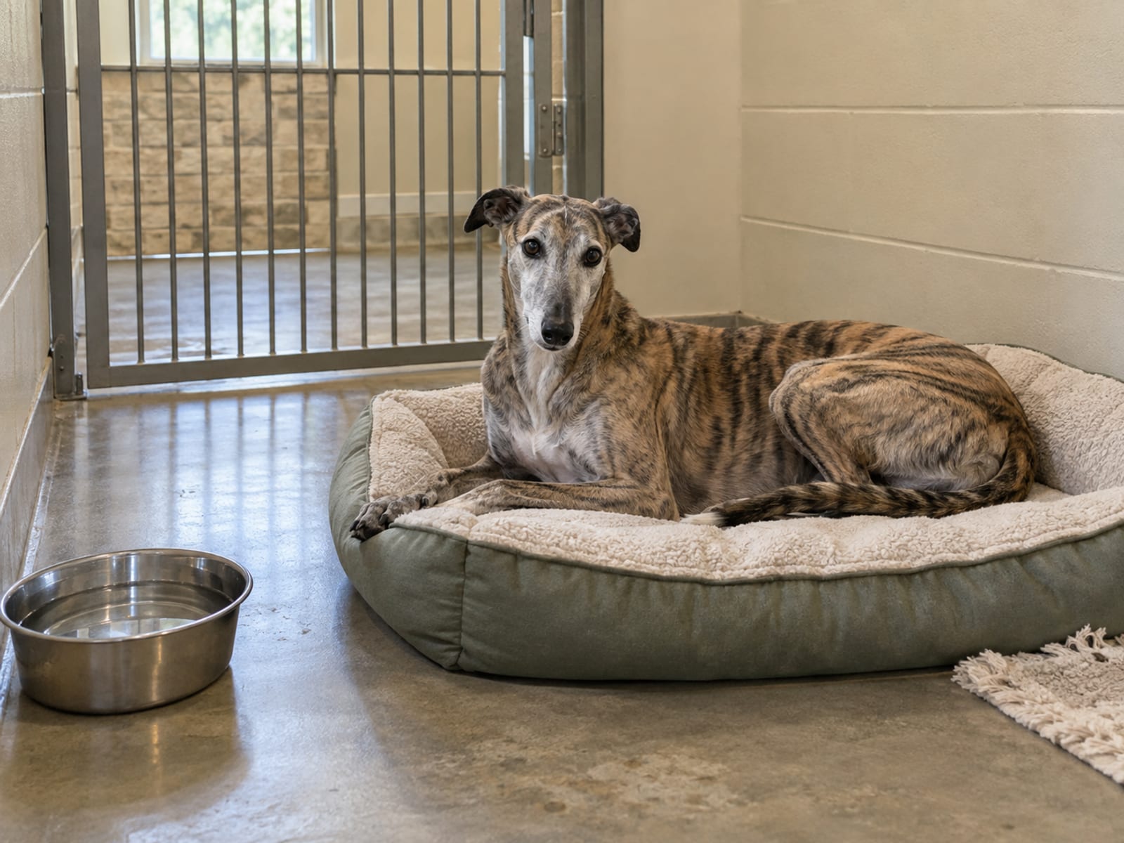 Brindle greyhound resting on a padded bed in an indoor boarding suite with a closed gate and a full water bowl