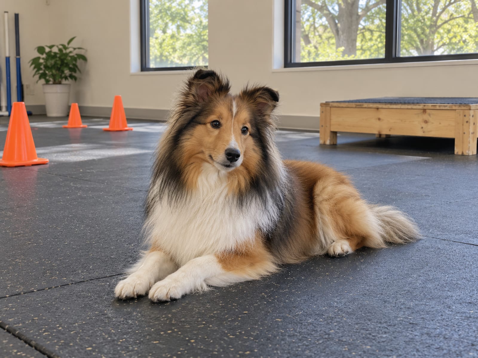 Shetland sheepdog lying on a rubber mat in a bright training room with a few plain cones and a low wooden platform against the wall