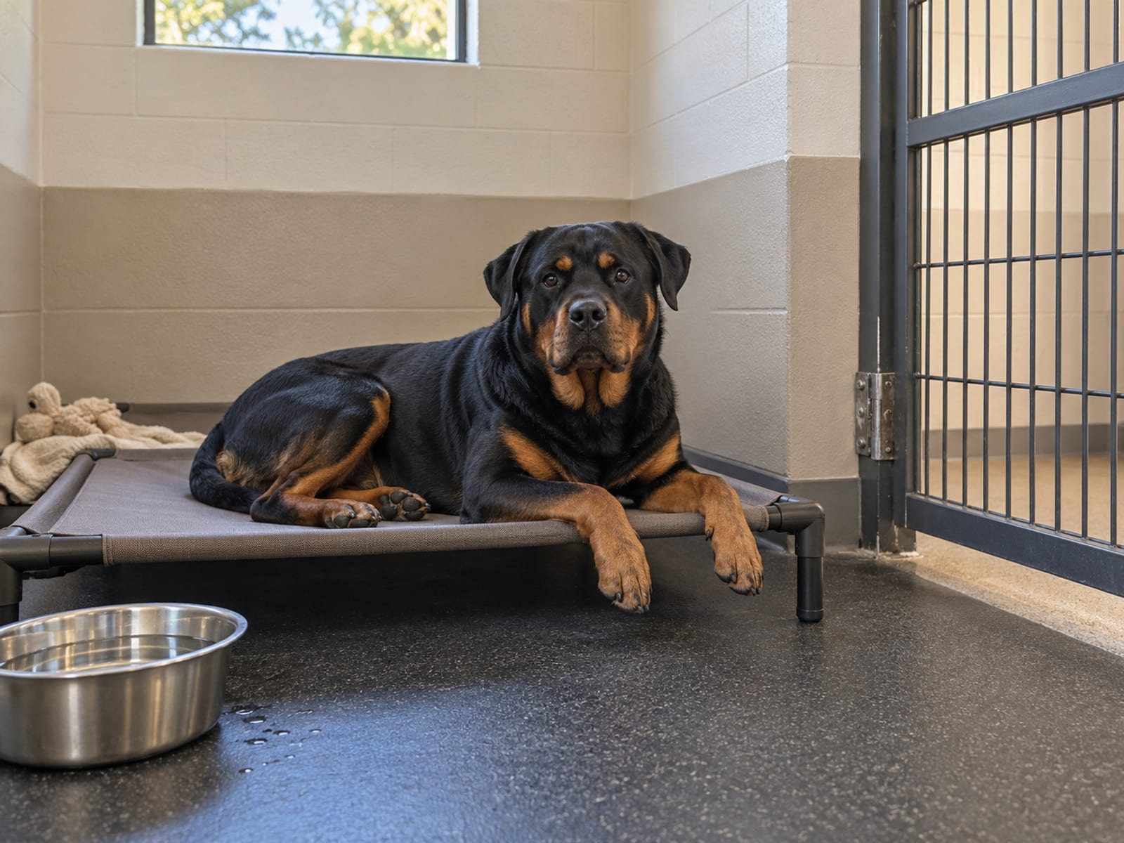 Calm Rottweiler lying on a raised cot inside a clean boarding suite with a closed gate and a full water bowl on the rubber floor