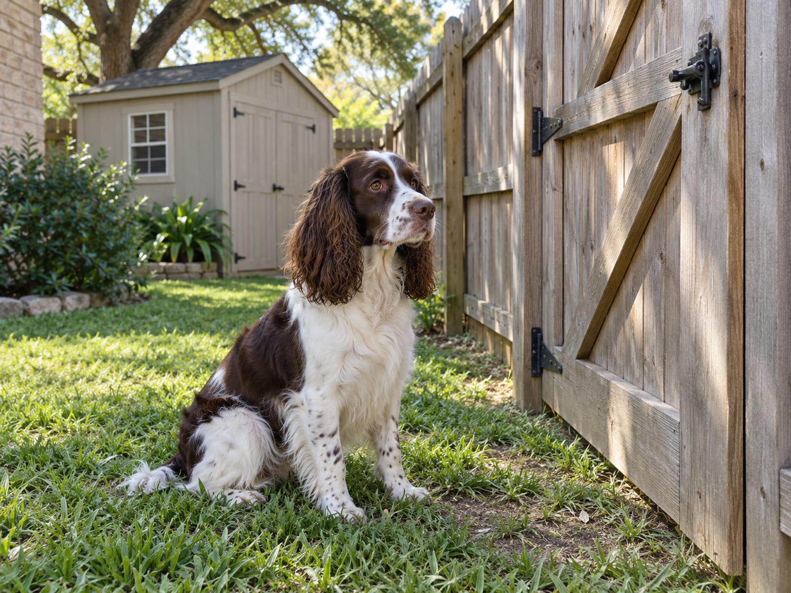 Springer spaniel sitting beside the closed wooden gate of a fenced suburban side yard with a small garden shed behind it