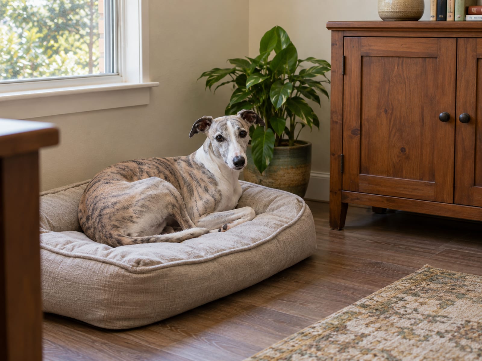 Whippet curled up on a plain dog bed in the corner of a tidy home office beside a closed wooden cabinet and a potted plant