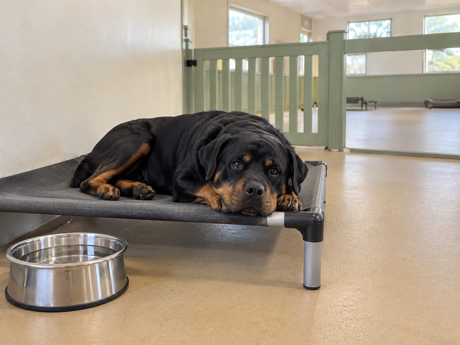 Rottweiler negro y fuego descansando sobre un catre elevado en una sala de guardería limpia con piso de goma y una reja baja, con un plato de agua lleno cerca