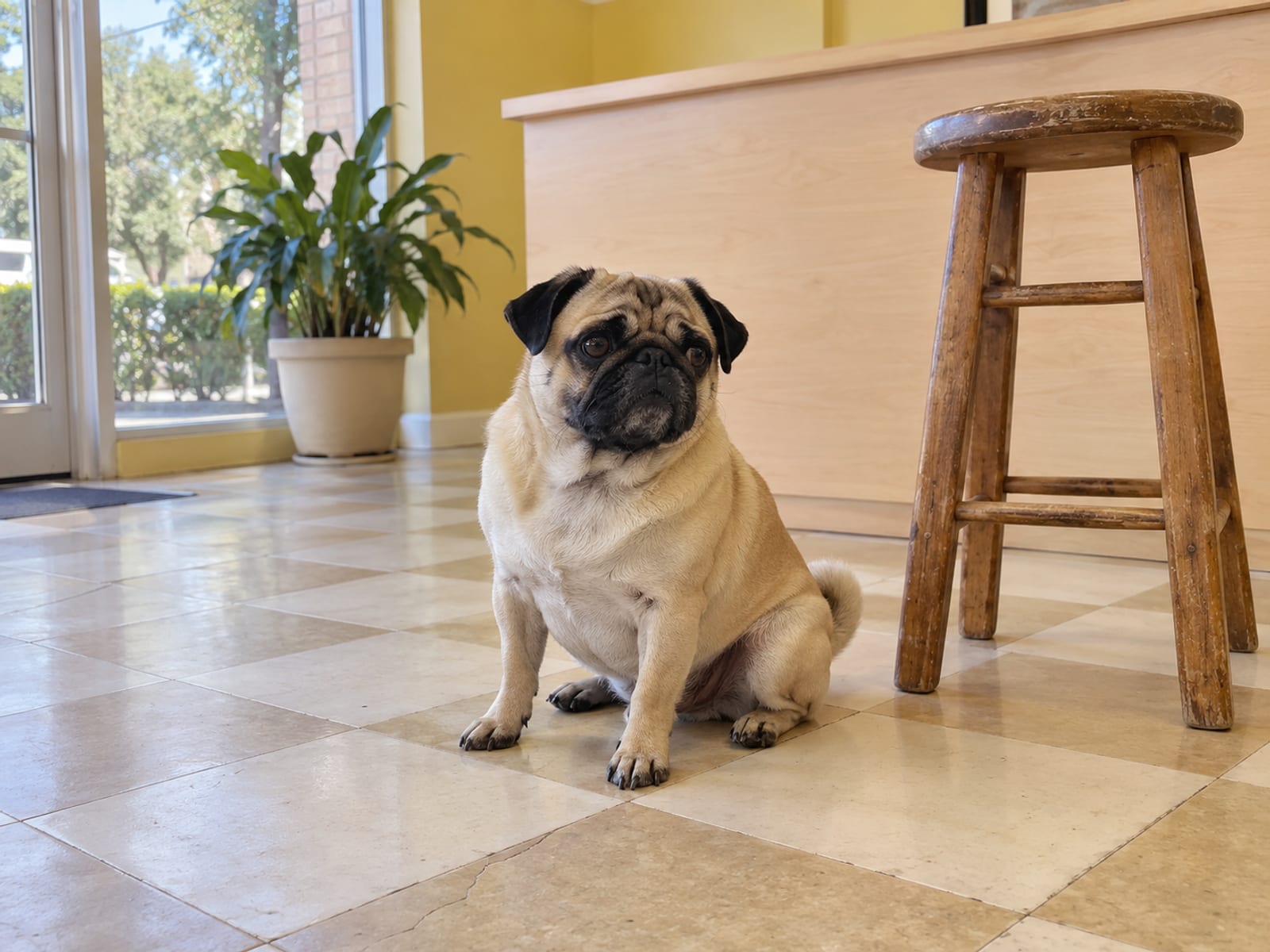 Pug leonado sentado en el piso de losetas de la recepción luminosa de una peluquería canina, junto a un taburete de madera vacío