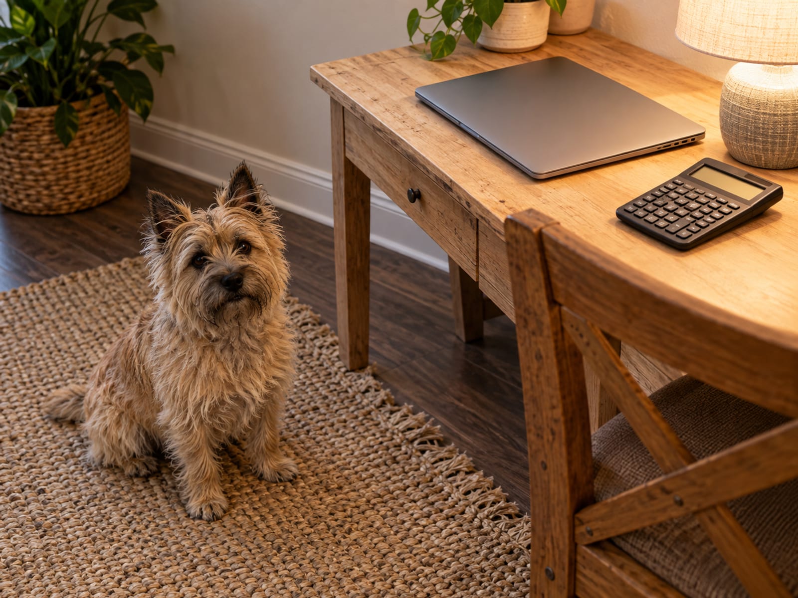 Cairn terrier color trigo sentado sobre una alfombra en el rincón de una pequeña oficina, junto a una laptop cerrada y una calculadora de escritorio sencilla con la pantalla en blanco
