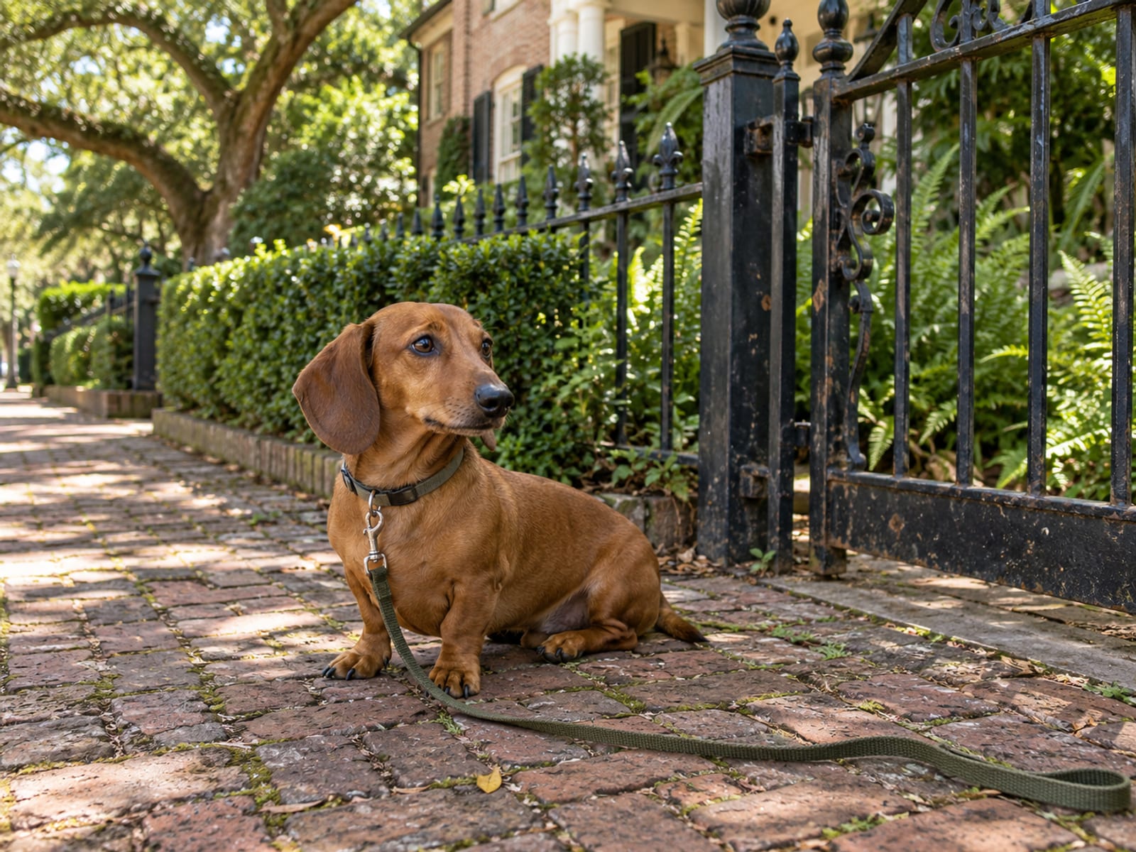 Dachshund rojo de pelo corto sentado en una acera de ladrillo a la sombra, junto a una reja de hierro forjado, con una correa floja en el suelo
