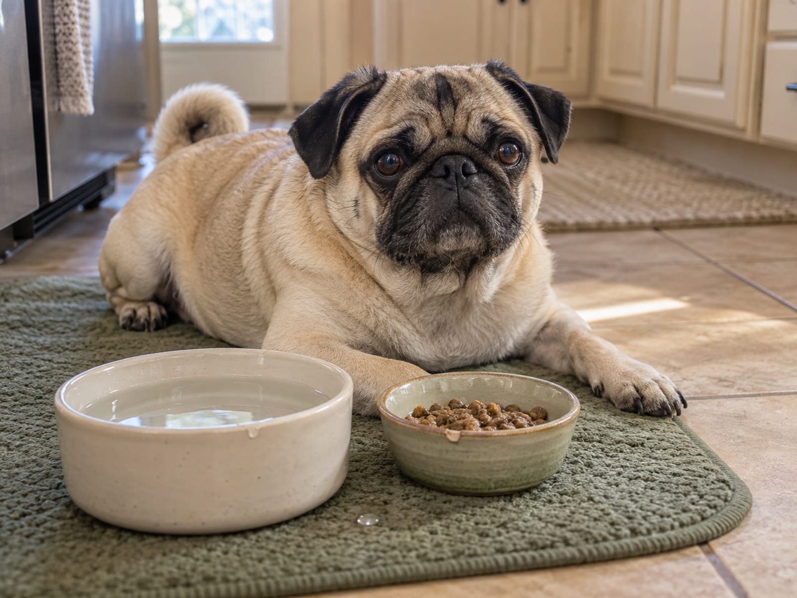 Fawn pug lying on a kitchen floor mat beside a full water bowl and a small plain bowl of moistened food