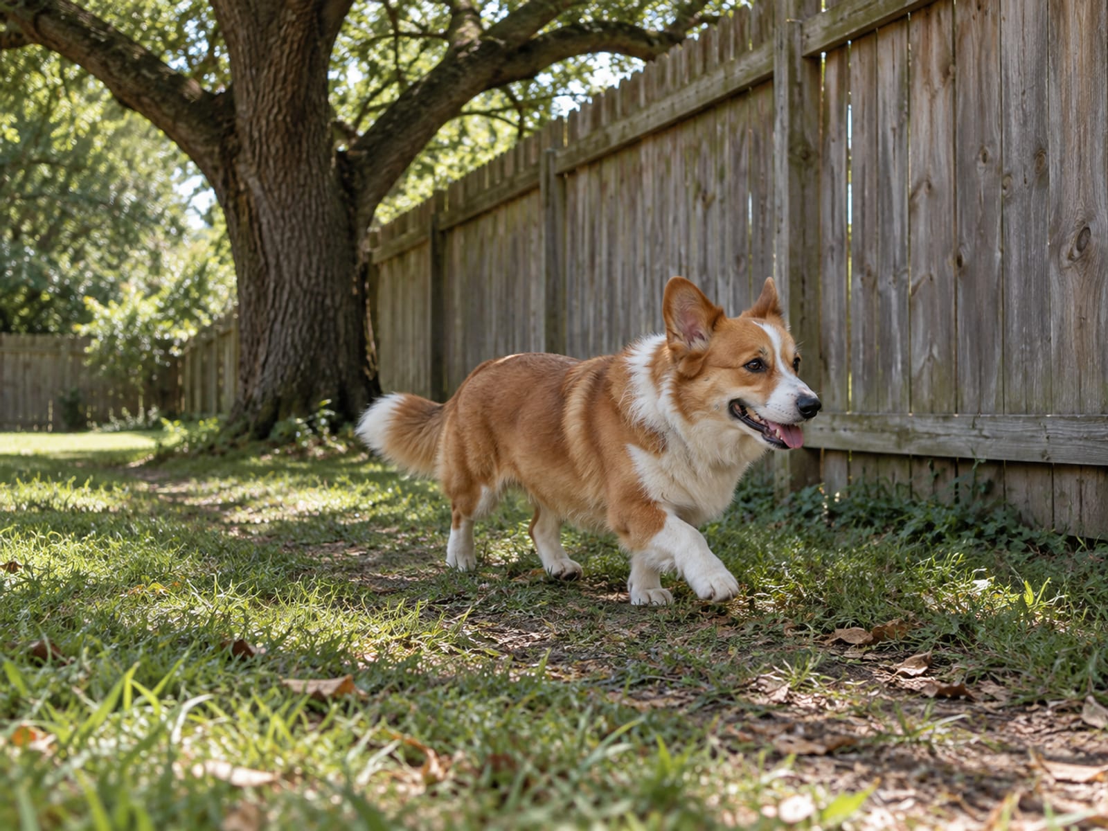 Corgi mix trotting along a grassy backyard path beside a wooden fence under live oak shade