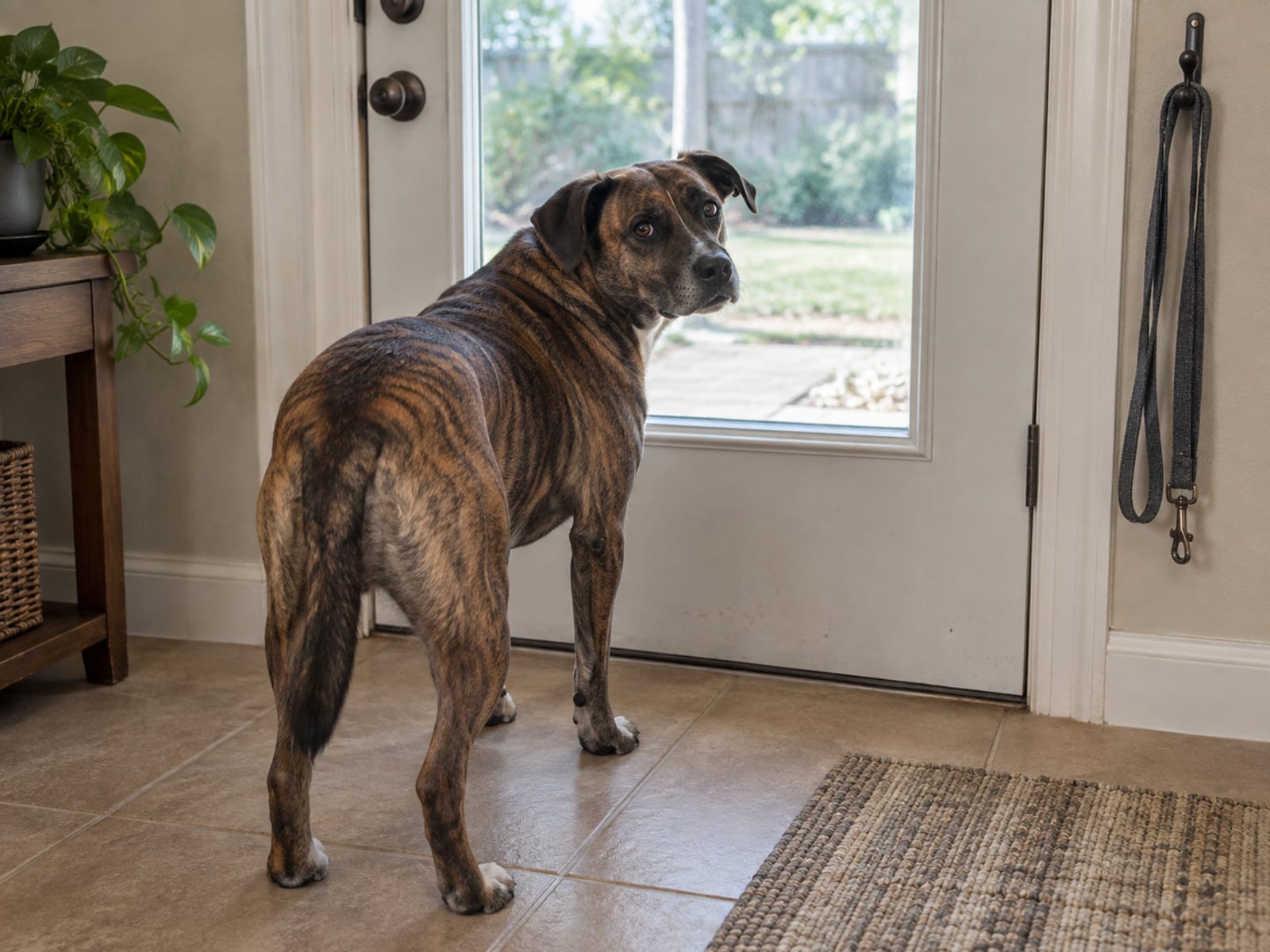 Medium brindle mixed-breed dog standing by the back door on a tile floor, a leash hanging on a hook beside it