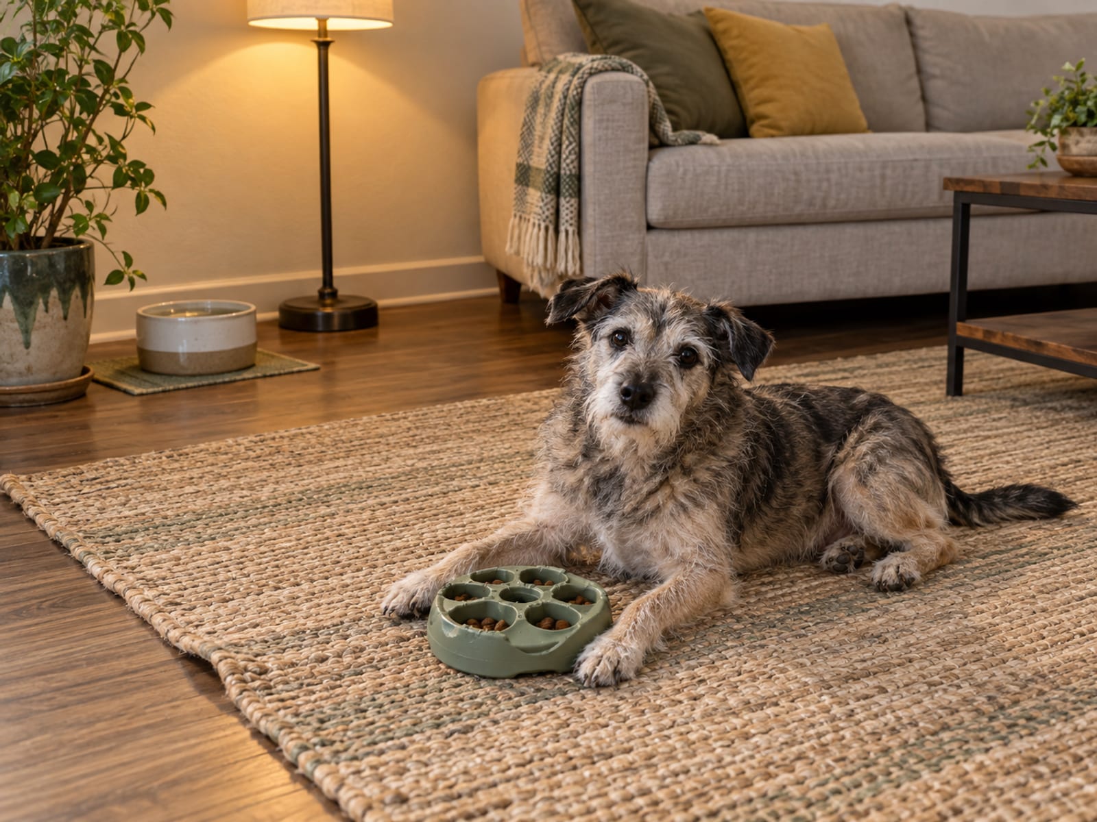 Senior mixed-breed terrier lying on a rug in a tidy living room with a rubber food puzzle toy and a water bowl nearby
