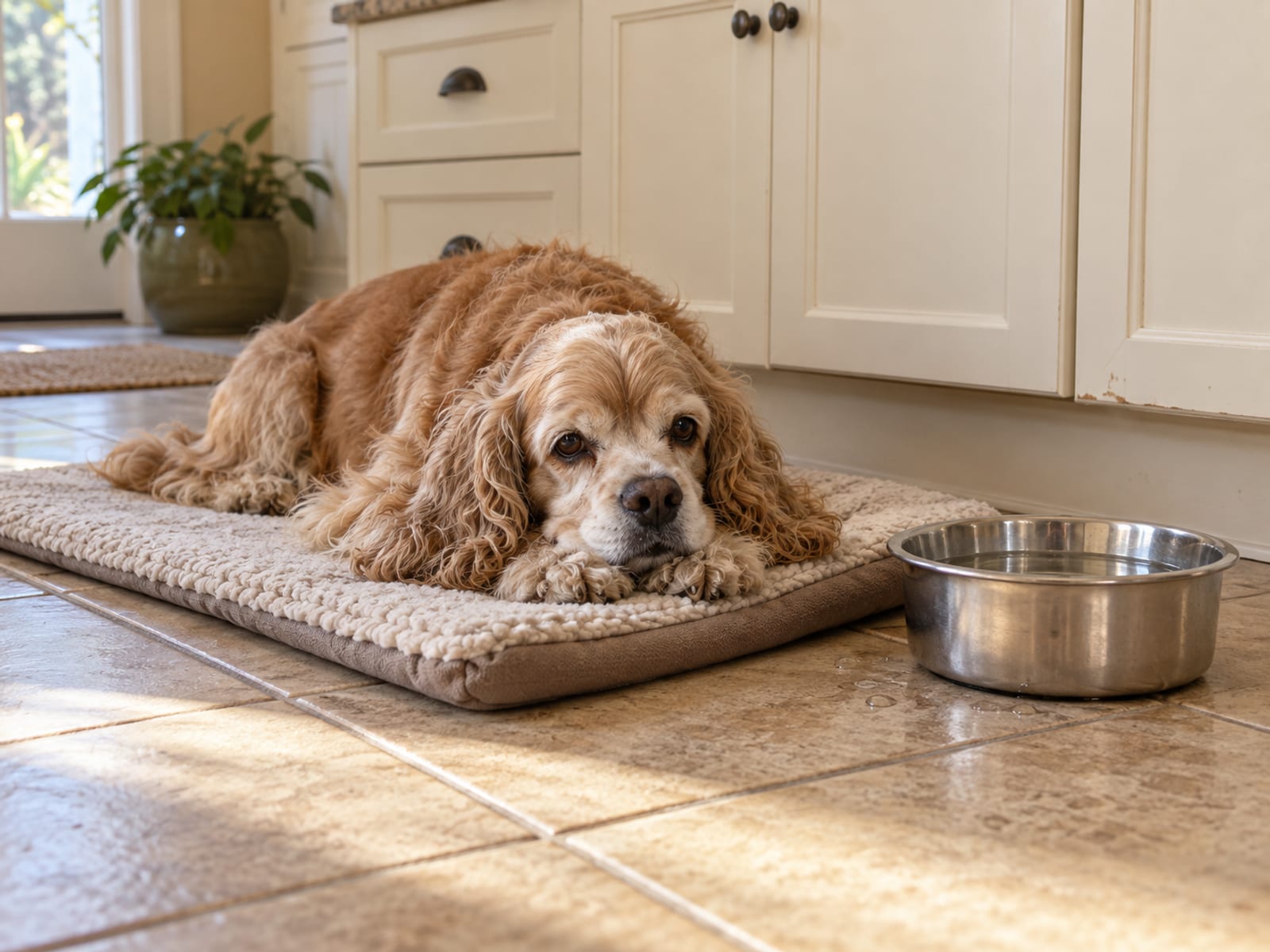 Senior cocker spaniel lying on a padded mat beside a full water bowl on a tile kitchen floor