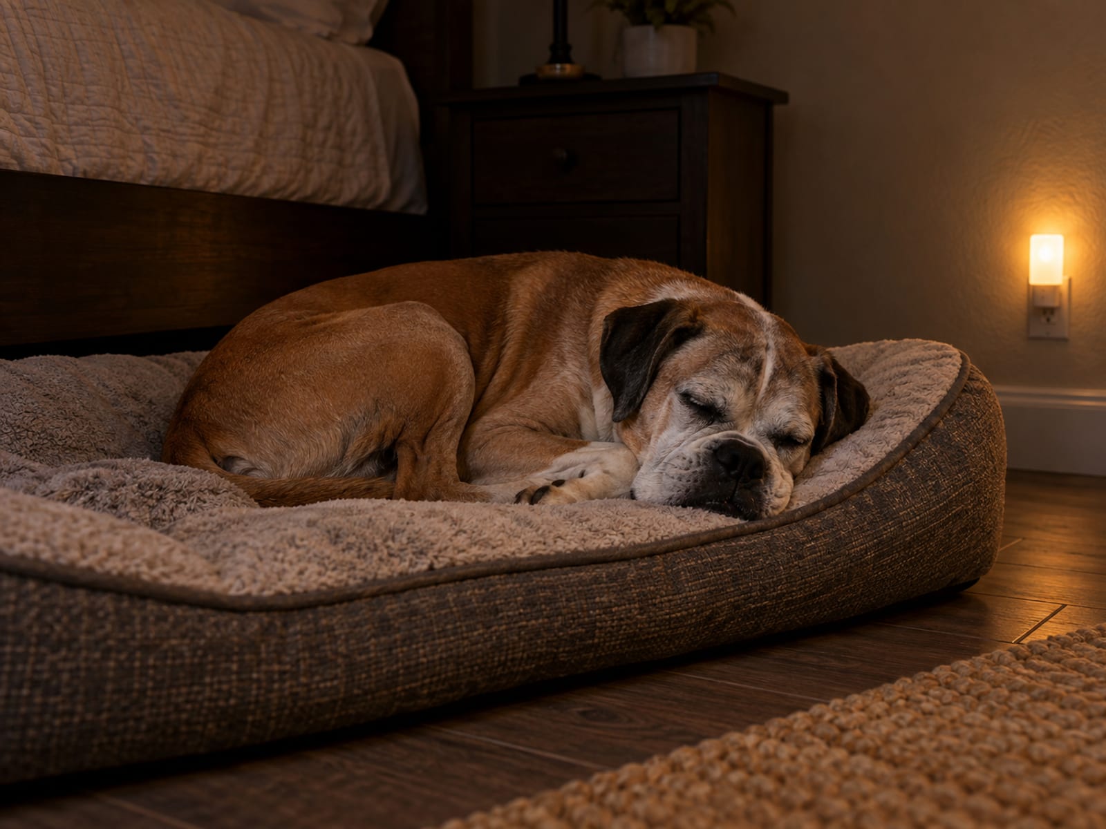White-faced senior boxer asleep on an orthopedic bed in a softly lit bedroom at night, a plug-in nightlight glowing low on the wall