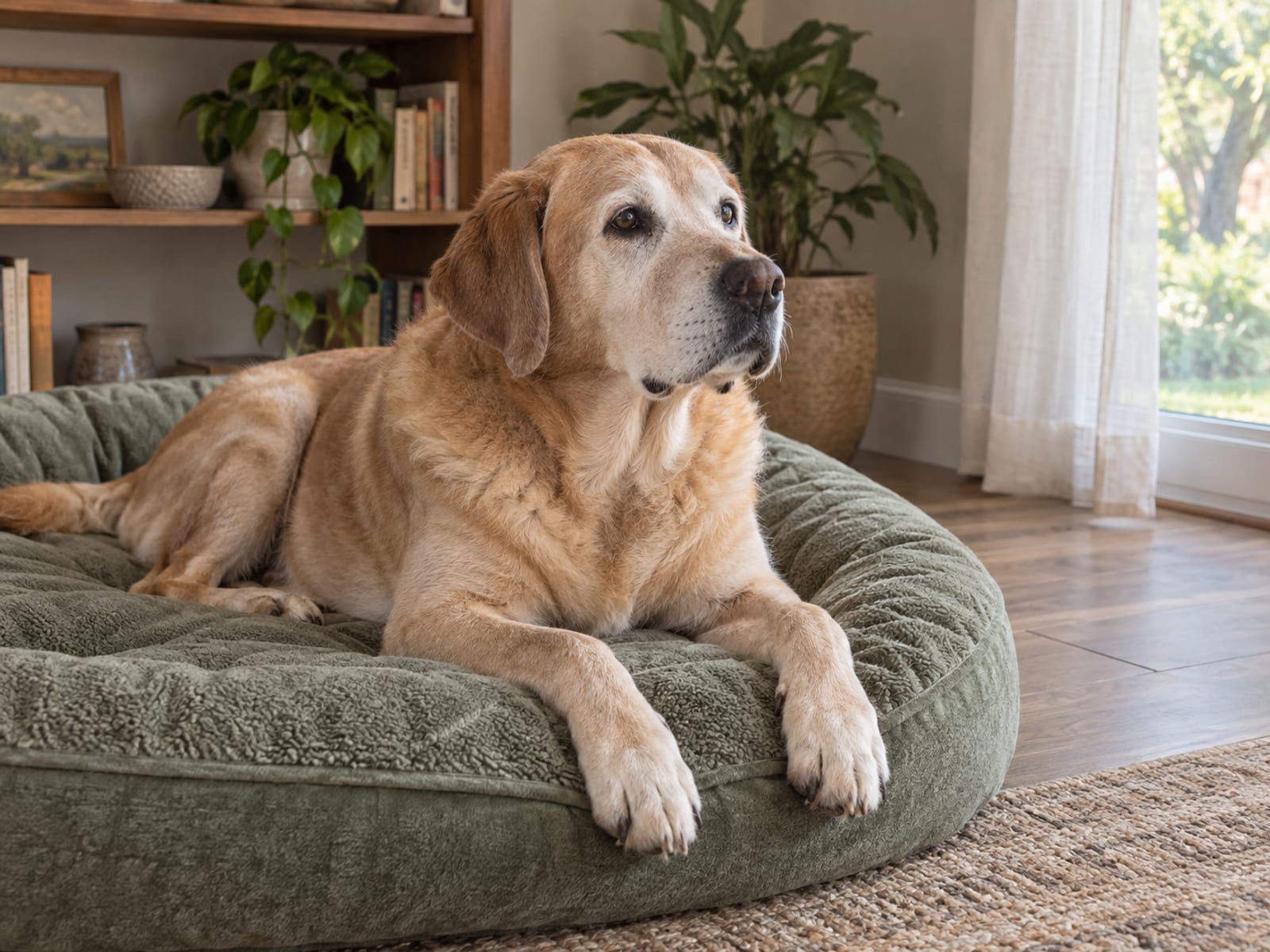 Grey-muzzled senior Labrador retriever on a thick dog bed, head raised and gazing softly toward a window