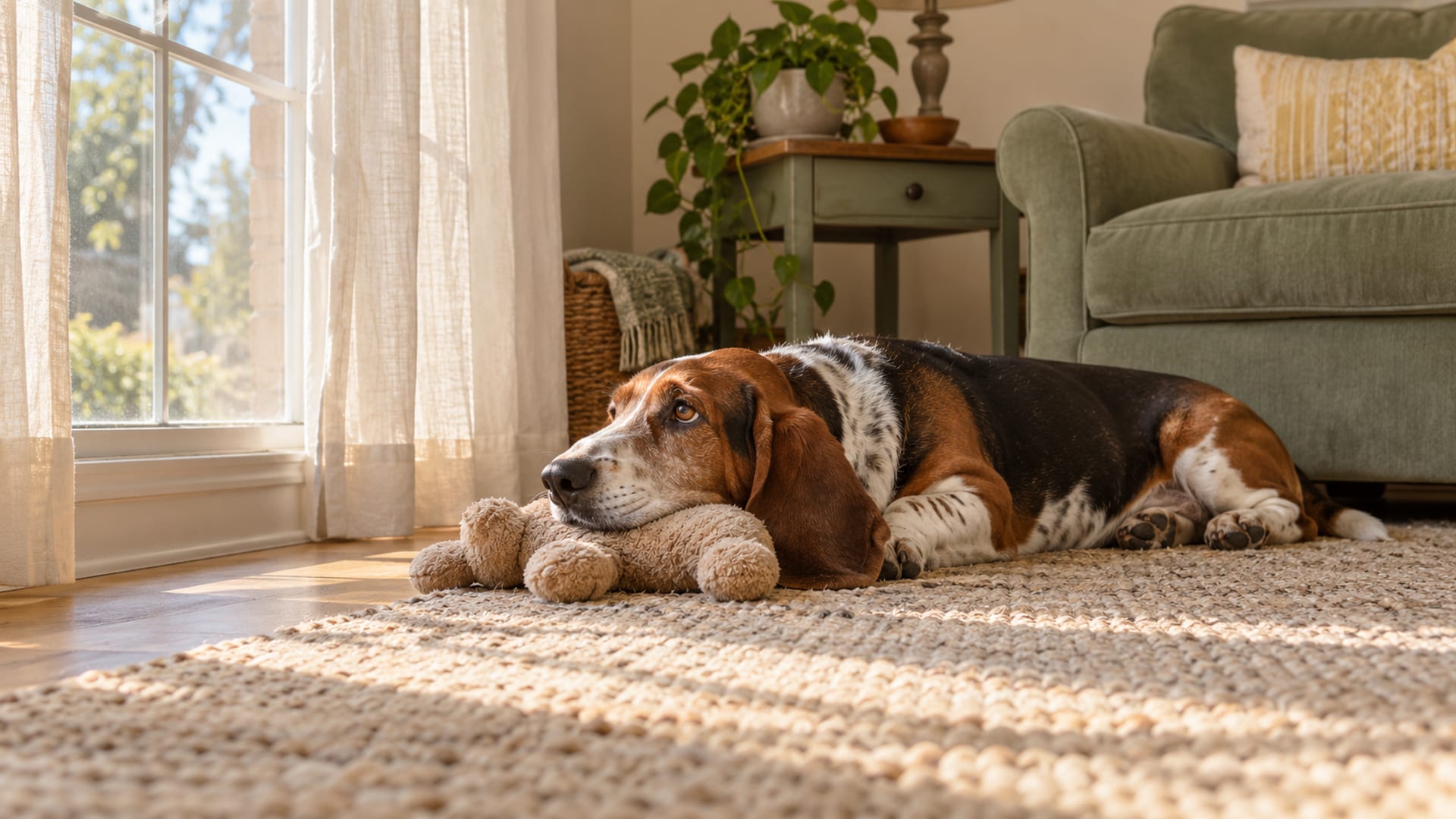 Tricolor basset hound lying on a living room rug with its chin resting on a plush toy, looking toward a window