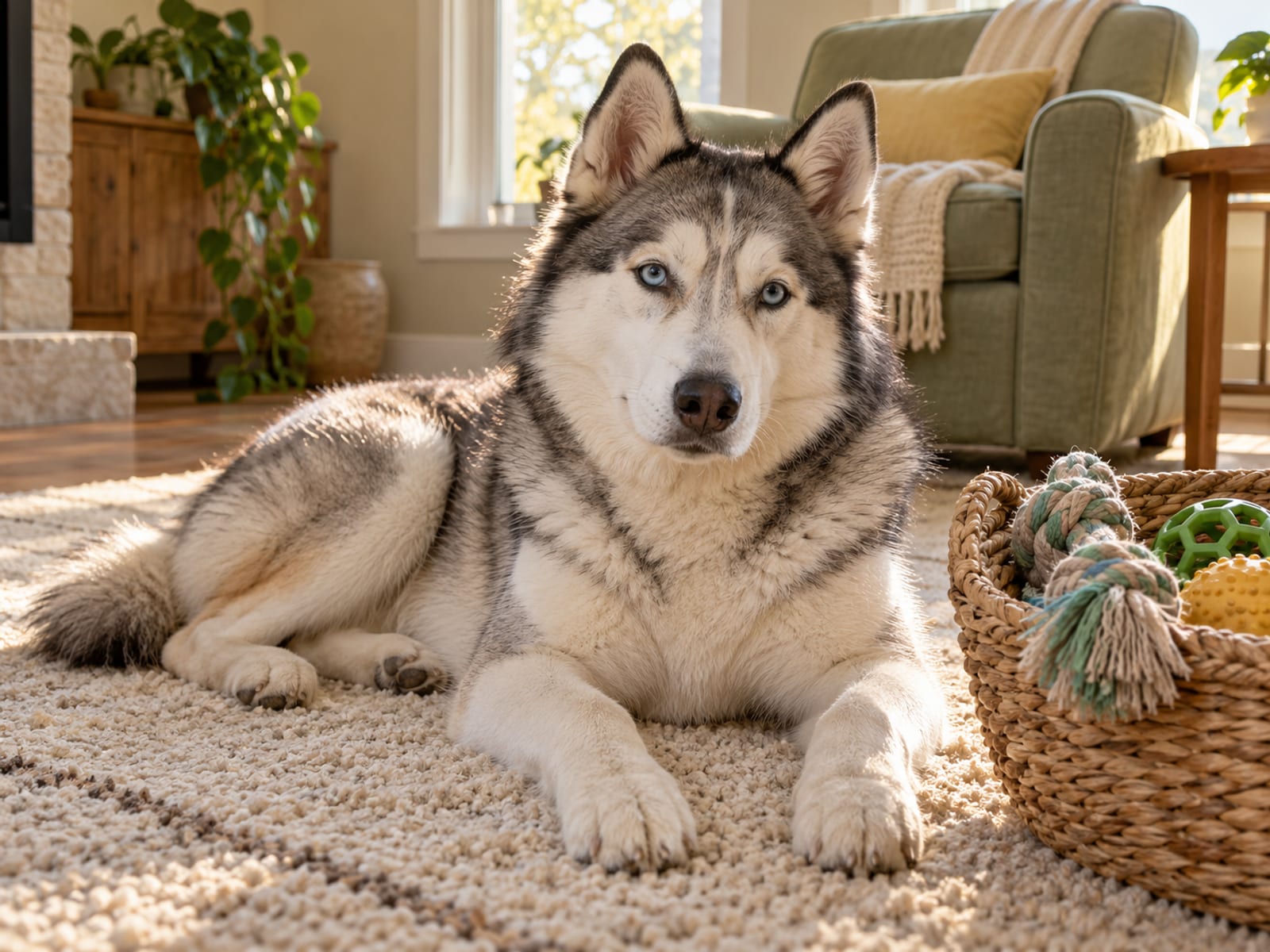 Grey and white Siberian husky mix lying calmly on a rug beside a basket of dog toys, looking at the camera