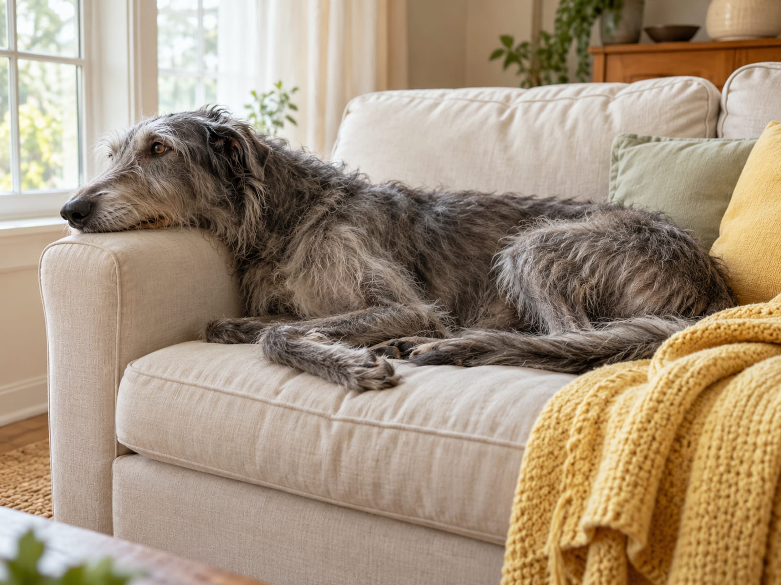 Grey Scottish deerhound resting on a sofa beside a sunny window with a folded blanket