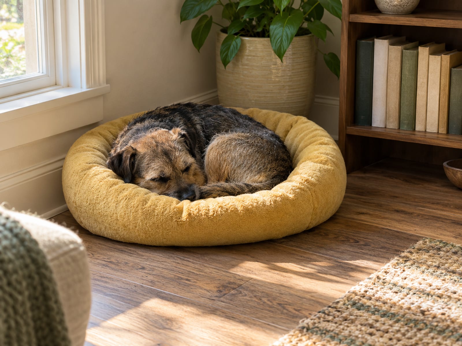Young grizzle and tan border terrier sleeping curled in a dog bed in a quiet corner of a living room