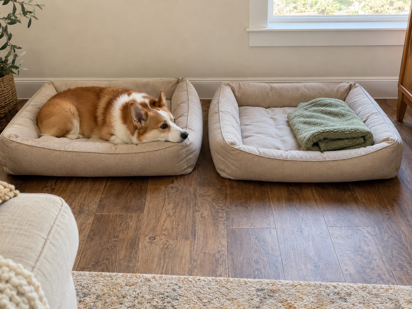 Pembroke Welsh corgi lying in one of two matching dog beds with the other bed empty and holding a folded blanket