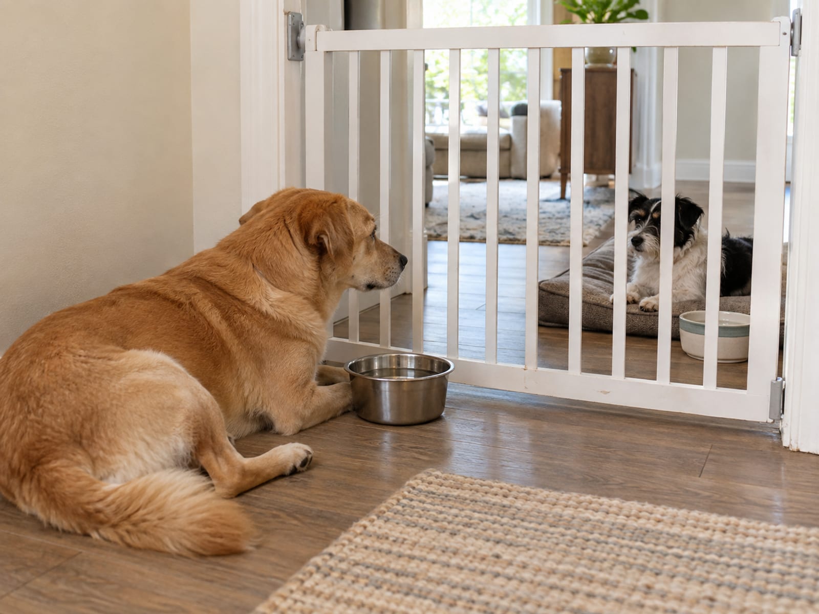 Two dogs resting calmly on opposite sides of a white baby gate in a hallway, each with its own water bowl